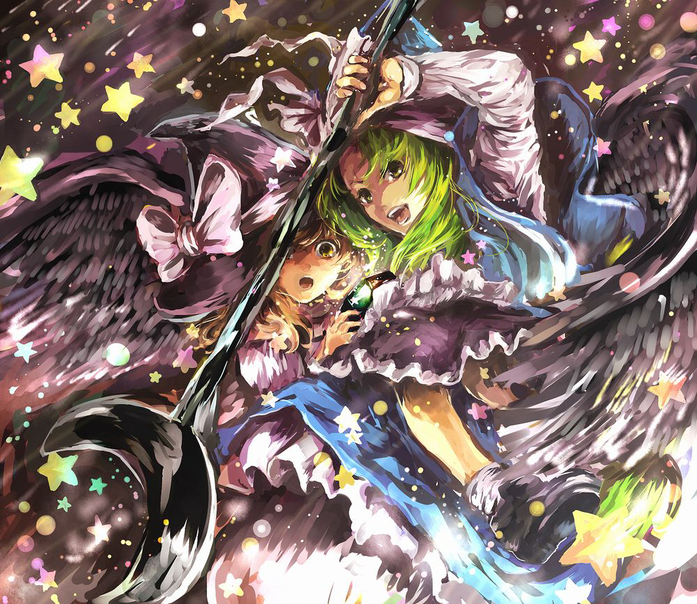 fuji warabi, kirisame marisa, mima (touhou), touhou, touhou (pc-98), bad id, bad pixiv id, 2girls, :o, blonde hair, bow, female focus, green hair, hat, hat bow, mini-hakkero, multiple girls, staff, star (symbol), wings, witch hat, wizard hat