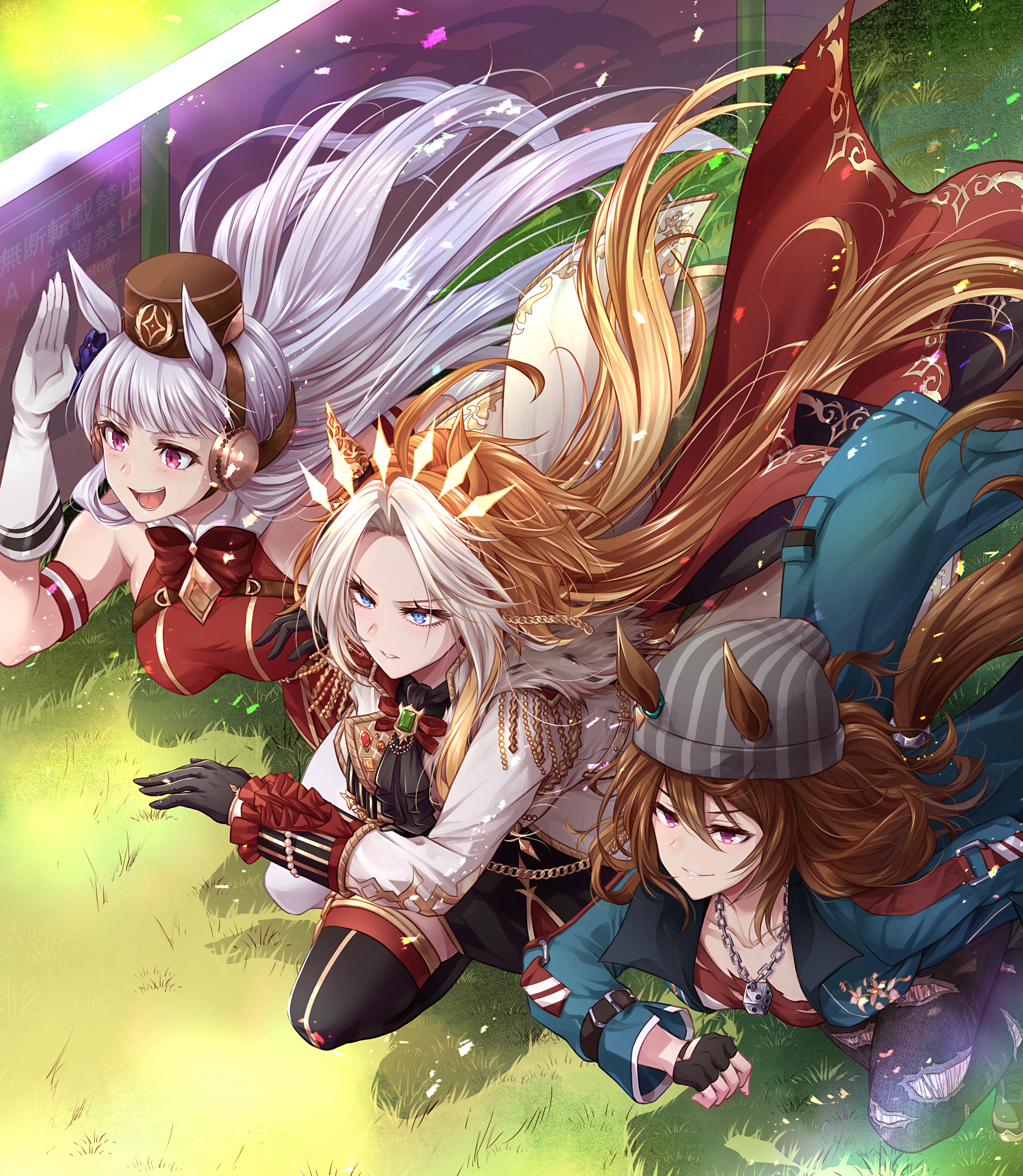yue (lov n n), gold ship (red strife) (umamusume), gold ship (umamusume), nakayama festa (shichuukyuukatsu) (umamusume), nakayama festa (umamusume), orfevre (control) (umamusume), orfevre (umamusume), umamusume, highres, animal ears, blunt bangs, bow, bowtie, breasts, brown hat, dress, ear bow, ear covers, ear ribbon, gloves, grey hair, hat, horse ears, horse girl, horse tail, horseshoe ornament, long hair, multiple girls, open mouth, pillbox hat, purple bow, purple eyes, red dress, sailor collar, sailor shirt, shirt, smile, stay gold clan (umamusume), tail