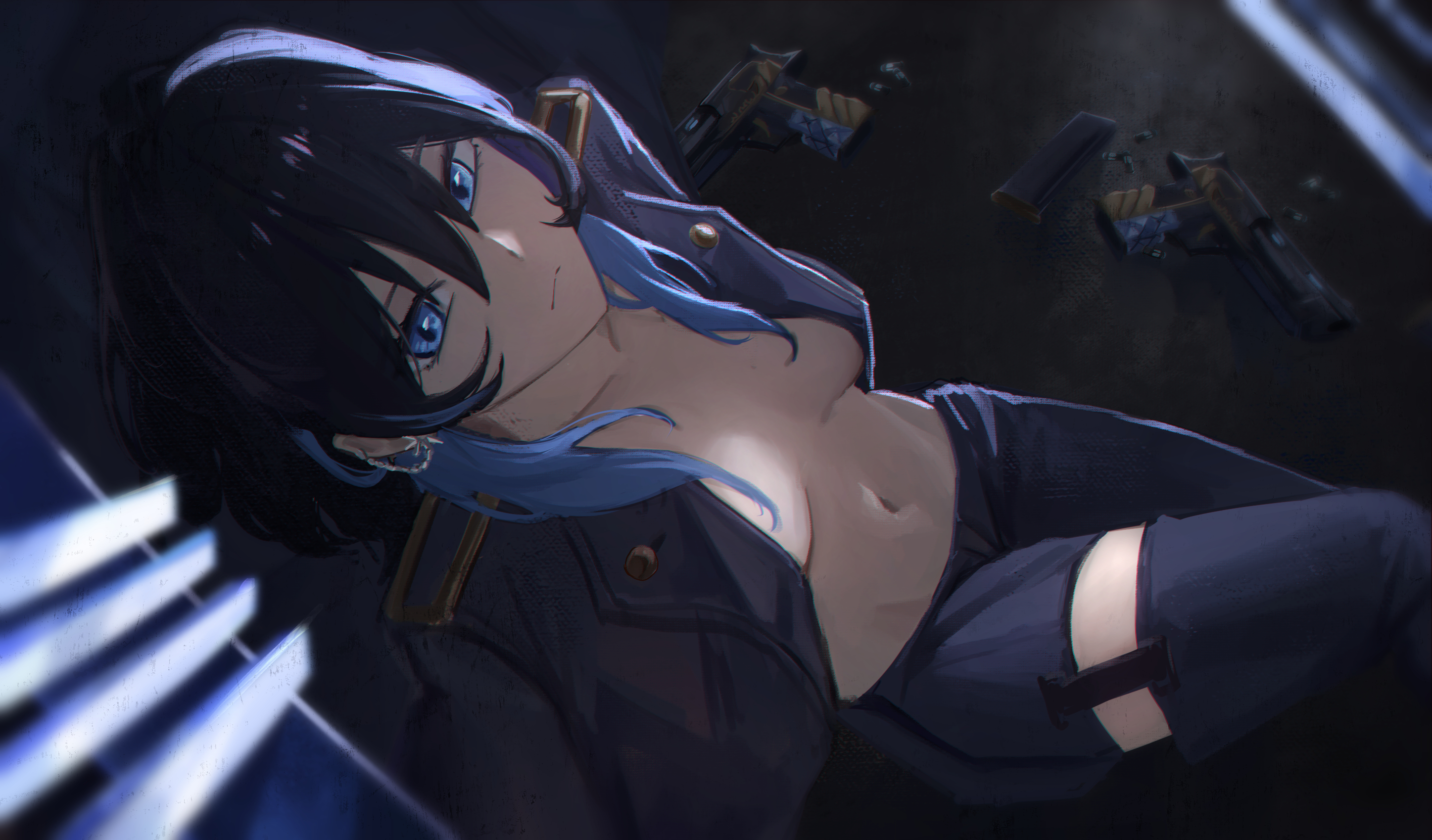 pitespear, ouro kronii, ouro kronii (4th costume), hololive, hololive english, highres, 1girl, black hair, blue eyes, blue hair, blue jacket, blue pants, breasts, breasts apart, closed mouth, detached pants, jacket, long hair, looking at viewer, medium breasts, multicolored hair, navel, official alternate costume, official alternate hairstyle, open clothes, open jacket, pants, solo, two-tone hair, virtual youtuber