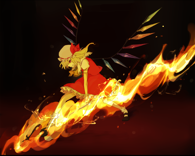 noki (artist), noki (pixiv363792), nosaki (pixiv363792), flandre scarlet, touhou, bad id, bad pixiv id, inactive account, 1girl, black shoes, blonde hair, blouse, collared shirt, female focus, fire, from side, hat, laevatein, mob cap, red eyes, shirt, shoes, short hair, socks, solo, white hat, white shirt, white socks, wings