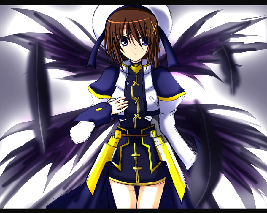 chubame, yagami hayate, lyrical nanoha, mahou shoujo lyrical nanoha, mahou shoujo lyrical nanoha strikers, md5 mismatch, 00s, 1girl, blonde hair, blue eyes, brown hair, female focus, hair ornament, letterboxed, short hair, solo, wings, x hair ornament