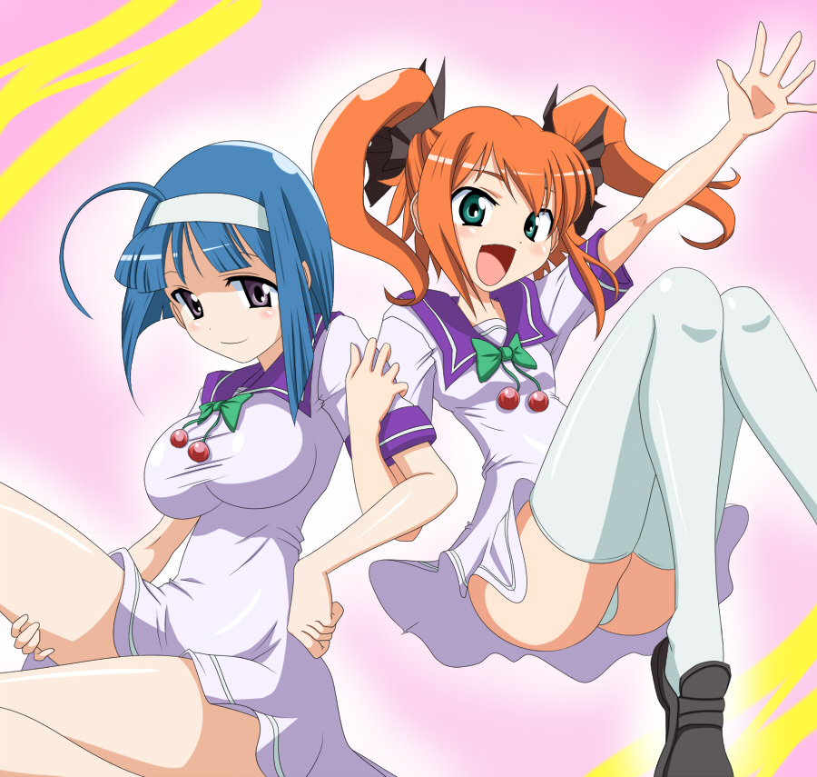 non (number), kannazuki aoi, minazuki haruka (twin angel), kaitou tenshi twin angel, twin angel, 10s, 2girls, ahoge, blue hair, breasts, brown hair, cleavage, green eyes, multiple girls, panties, purple eyes, small breasts, thighhighs, twintails, underwear, upskirt