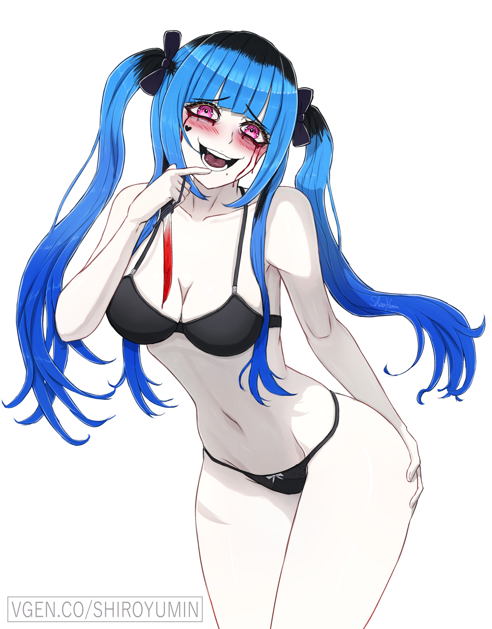 shiroyumin, amemiya darumi, the hundred line -last defense academy-, highres, 1girl, black hair, blue hair, breasts, hand on own hip, large breasts, multicolored hair, pink eyes, swimsuit, twintails, two-tone hair