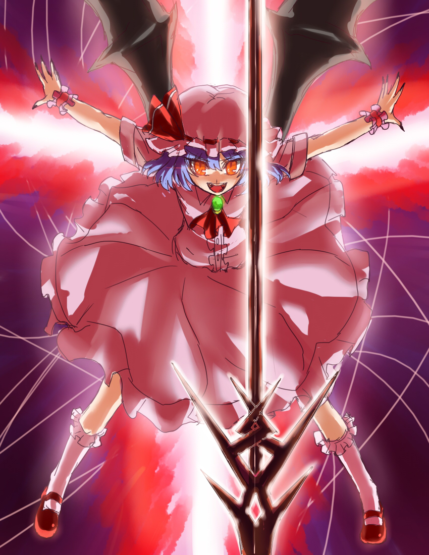 akimegu m, gohitsuki, remilia scarlet, touhou, bad id, bad pixiv id, 1girl, bat wings, blue hair, female focus, hat, polearm, red eyes, short hair, solo, spear, spear the gungnir, weapon, wings, wrist cuffs
