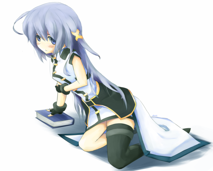 [b.tia], book of the azure sky, reinforce zwei, lyrical nanoha, mahou shoujo lyrical nanoha, mahou shoujo lyrical nanoha strikers, resized, 00s, 1girl, asymmetrical clothes, black thighhighs, blue eyes, blue hair, book, female focus, fingerless gloves, gloves, hair ornament, long hair, matching hair/eyes, single thighhigh, solo, thighhighs, x hair ornament