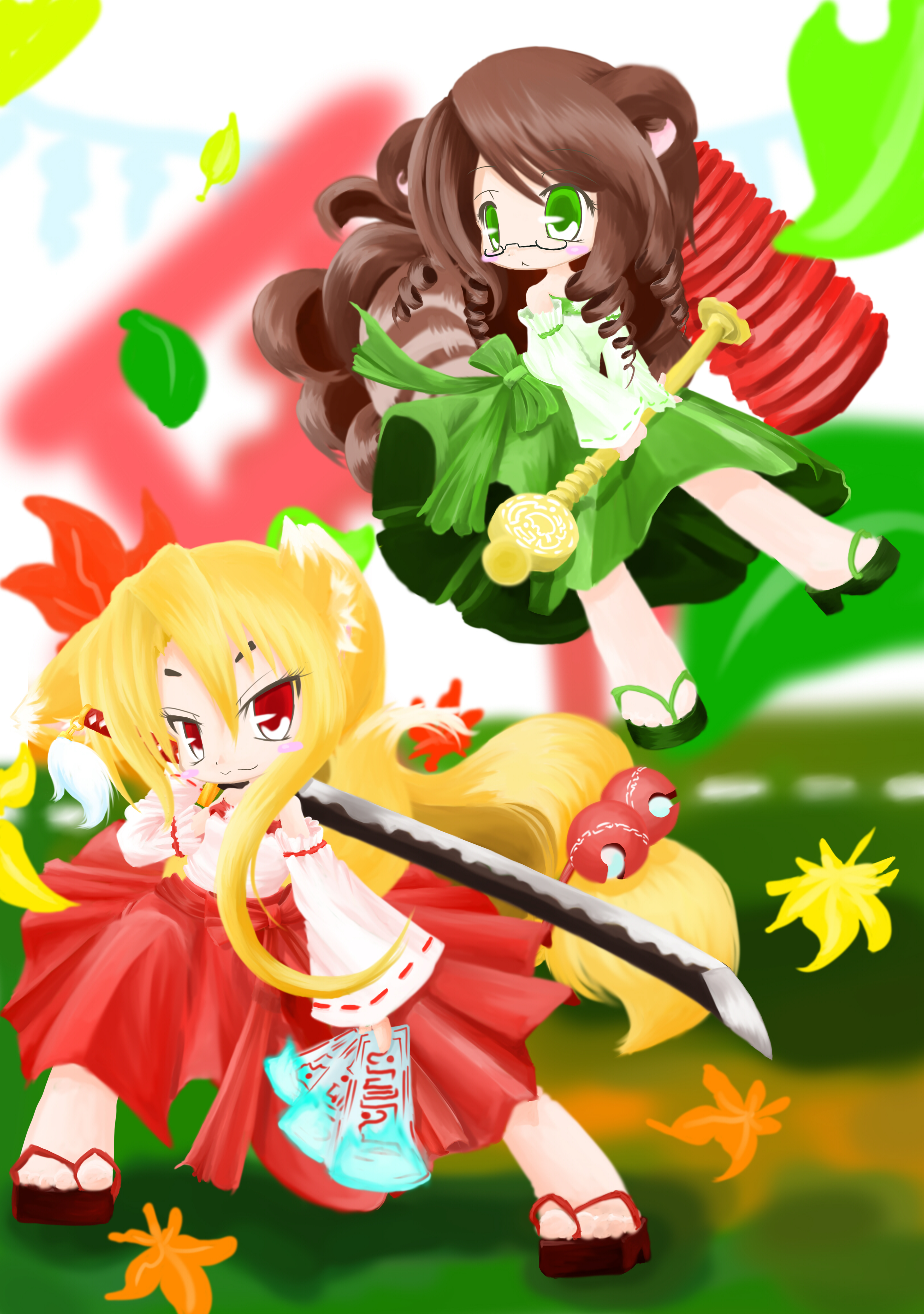 koha, absurdres, highres, 2girls, :3, animal ears, blonde hair, brown hair, detached sleeves, fox ears, fox tail, green eyes, hammer, japanese clothes, katana, long hair, multiple girls, raccoon ears, raccoon tail, red eyes, sandals, sword, tail, tanuki, weapon
