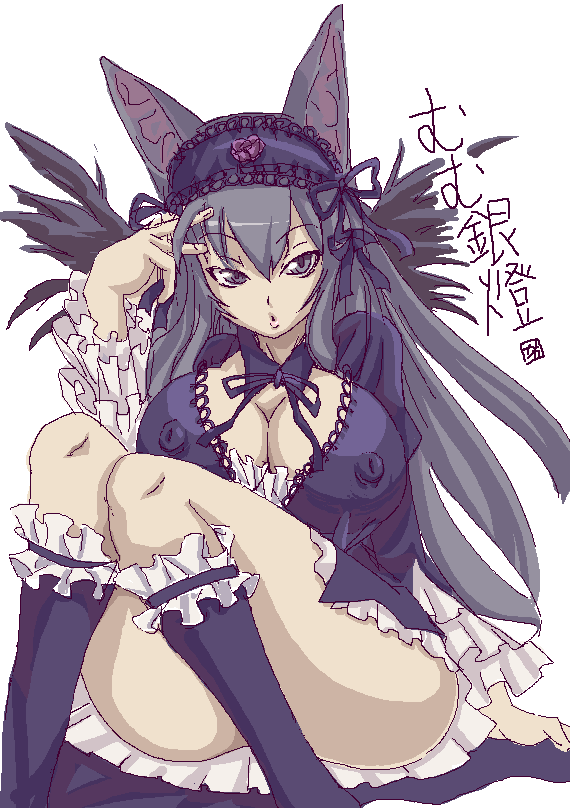 bou (artist), suigintou, rozen maiden, 00s, alternate breast size (larger), animal ears, blue eyes, breasts, cat ears, cleavage, covered erect nipples, dress, frills, grey hair, headband, kneehighs, large breasts, oekaki, socks, solo