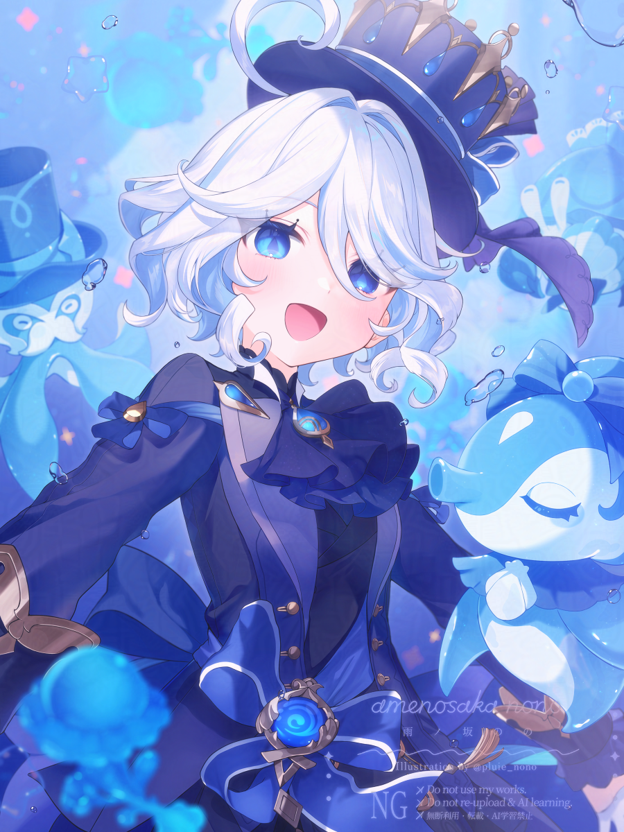 amenosaka nono, furina (genshin impact), gentilhomme usher, mademoiselle crabaletta, surintendante chevalmarin, genshin impact, highres, 1girl, 3others, ahoge, aqua eyes, ascot, blue ascot, blue eyes, blue hair, blue shirt, drop-shaped pupils, fish, hair between eyes, hat, heterochromia, hydro symbol (genshin impact), light blush, long sleeves, looking at viewer, medium hair, multicolored hair, multiple others, octopus, open mouth, seahorse, shirt, smile, symbol-shaped pupils, top hat, vision (genshin impact), white hair