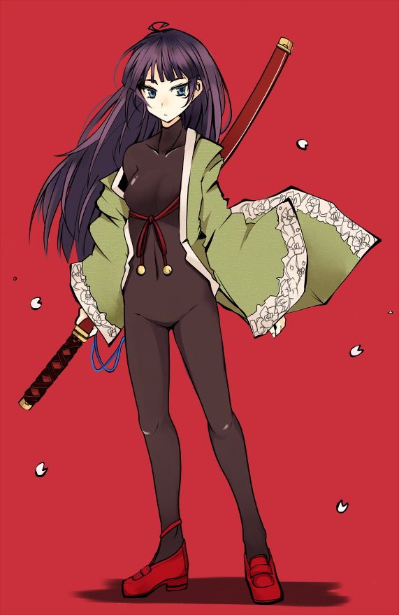 takaharu, ran (7th dragon), samurai (7th dragon), 7th dragon, 7th dragon (series), 1girl, ahoge, blue eyes, bodysuit, female focus, katana, latex, long hair, petals, purple hair, red background, sheath, sheathed, simple background, solo, sword, weapon
