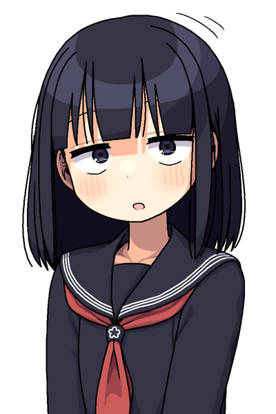 maruput, original, 1girl, :o, black eyes, black hair, black sailor collar, black serafuku, black shirt, blunt bangs, blush, collarbone, jitome, looking at viewer, neckerchief, open mouth, sailor collar, school uniform, serafuku, shirt, simple background, solo, upper body, white background