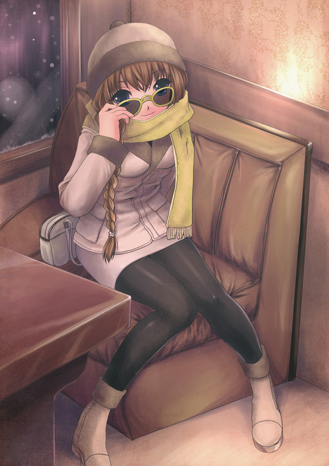 mk (mod0), ogata rina, white album, white album (series), 1girl, adjusting eyewear, bag, blue eyes, braid, breasts, brown hair, couch, female focus, glasses, grey hat, grey jacket, grey shoes, grey skirt, hat, indoors, jacket, legs, long sleeves, looking at viewer, miniskirt, pantyhose, scarf, shoes, single braid, sitting, skirt, smile, solo, sunglasses, table, window, yellow-framed eyewear