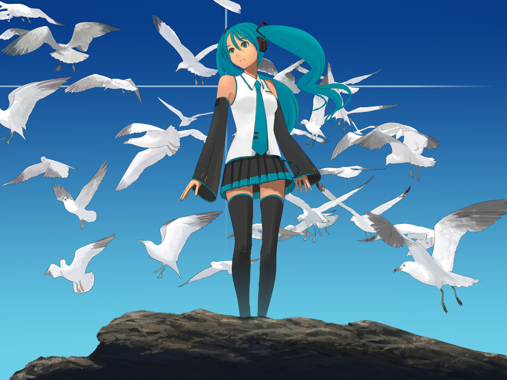 kiriman (souldeep), hatsune miku, vocaloid, aqua eyes, aqua hair, bird, blue hair, day, detached sleeves, long hair, necktie, seagull, skirt, sky, solo, thighhighs, twintails, zettai ryouiki