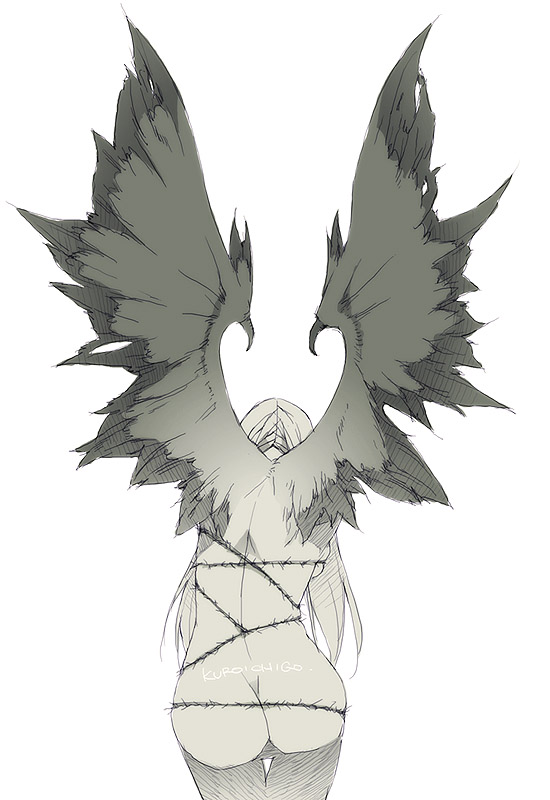 kyo (kuroichigo), original, 1girl, ass, back, barbed wire, demon girl, demon wings, female focus, from behind, greyscale, long hair, monochrome, nude, simple background, skindentation, solo, wings