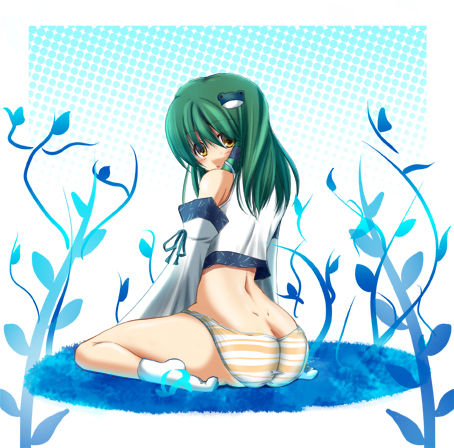 masa (artist), masa (miyabitei), kochiya sanae, touhou, lowres, 1girl, bare shoulders, butt crack, detached sleeves, female focus, green hair, looking back, no pants, panties, sitting, solo, striped clothes, striped panties, underwear, wariza, yellow eyes