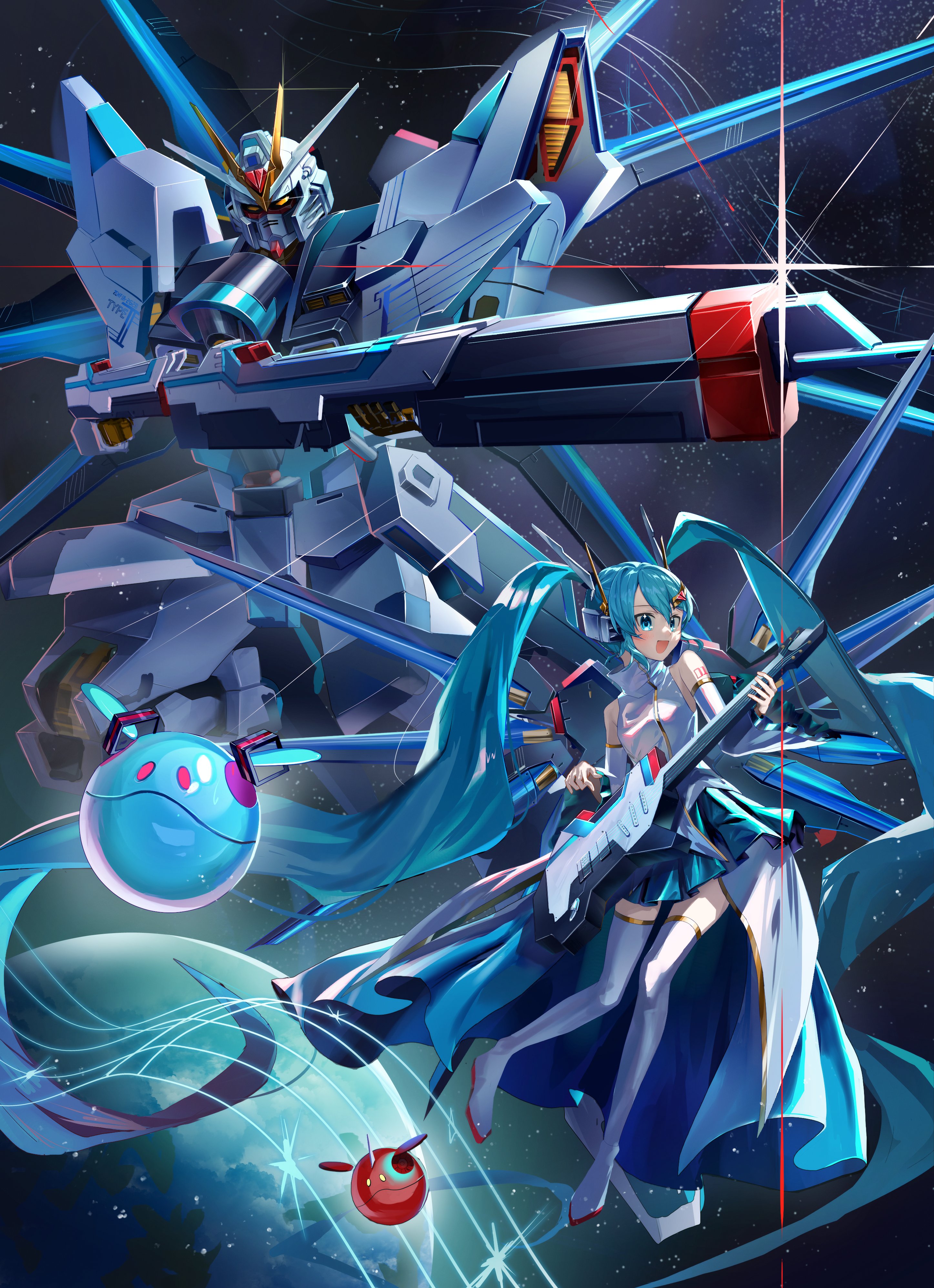 motiumi moti, haro, hatsune miku, lacus clyne, strike freedom gundam type ii, gundam, gundam seed, gundam seed freedom, vocaloid, absurdres, highres, 1girl, aqua eyes, aqua hair, arm tattoo, beam rifle, boots, cosplay, crossover, dress, ear protection, energy gun, guitar, gun, hair ornament, holding, holding guitar, holding gun, holding instrument, holding weapon, humanoid robot, instrument, lacus clyne (cosplay), long hair, mecha, mechanical wings, mobile suit, open mouth, robot, sleeveless, strike freedom gundam type ii (cosplay), tattoo, thigh boots, v-fin, very long hair, weapon, white dress, wings