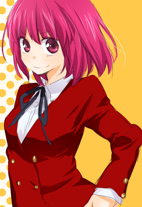 machiko (beard), kushieda minori, toradora!, 00s, 1girl, female focus, looking at viewer, red eyes, red hair, school uniform, short hair, smile, solo