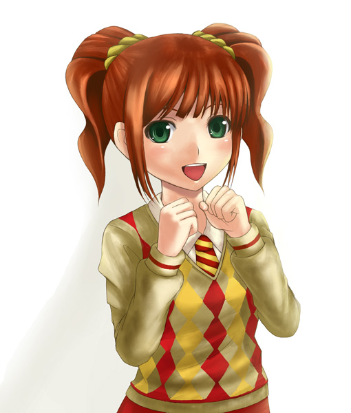 chiko (kanhogo), takatsuki yayoi, college of angel (idolmaster), idolmaster, idolmaster (classic), 00s, 1girl, argyle clothes, argyle sweater, brown hair, clenched hands, female focus, green eyes, necktie, open mouth, school uniform, smile, solo, striped necktie, sweater, twintails