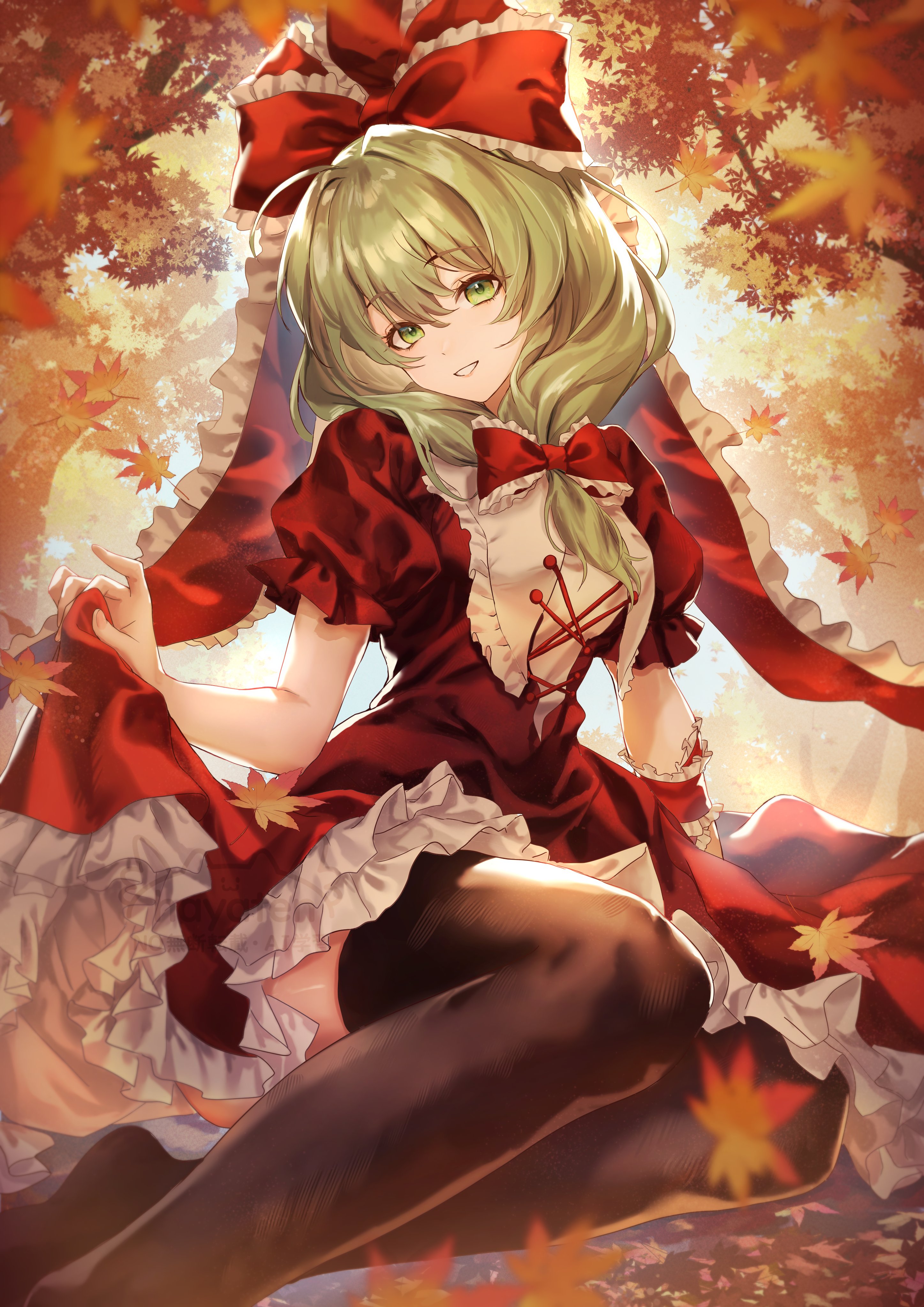 hayaten, kagiyama hina, touhou, absurdres, highres, 1girl, arm ribbon, bow, breasts, dress, frilled bow, frilled ribbon, frills, front ponytail, green eyes, green hair, hair bow, hair ornament, hair ribbon, long hair, looking at viewer, open mouth, puffy sleeves, red bow, red dress, red ribbon, ribbon, short sleeves, smile, solo, wrist ribbon