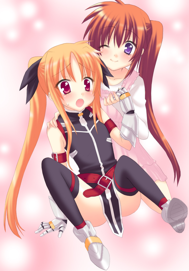 saki chisuzu, fate testarossa, fate testarossa (true sonic form), takamachi nanoha, lyrical nanoha, mahou shoujo lyrical nanoha, mahou shoujo lyrical nanoha strikers, black legwear, 00s, 2girls, :d, ;), blush, flat chest, long hair, looking at viewer, magical girl, multiple girls, one eye closed, open mouth, purple eyes, side ponytail, smile, spread legs, tareme, thighhighs, time paradox, twintails, very long hair