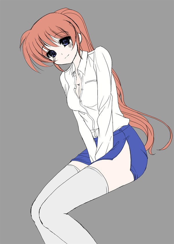 frapowa, takamachi nanoha, lyrical nanoha, mahou shoujo lyrical nanoha, mahou shoujo lyrical nanoha strikers, unfinished, 00s, 1girl, breasts, cleavage, female focus, flat color, medium breasts, side ponytail, solo, thighhighs