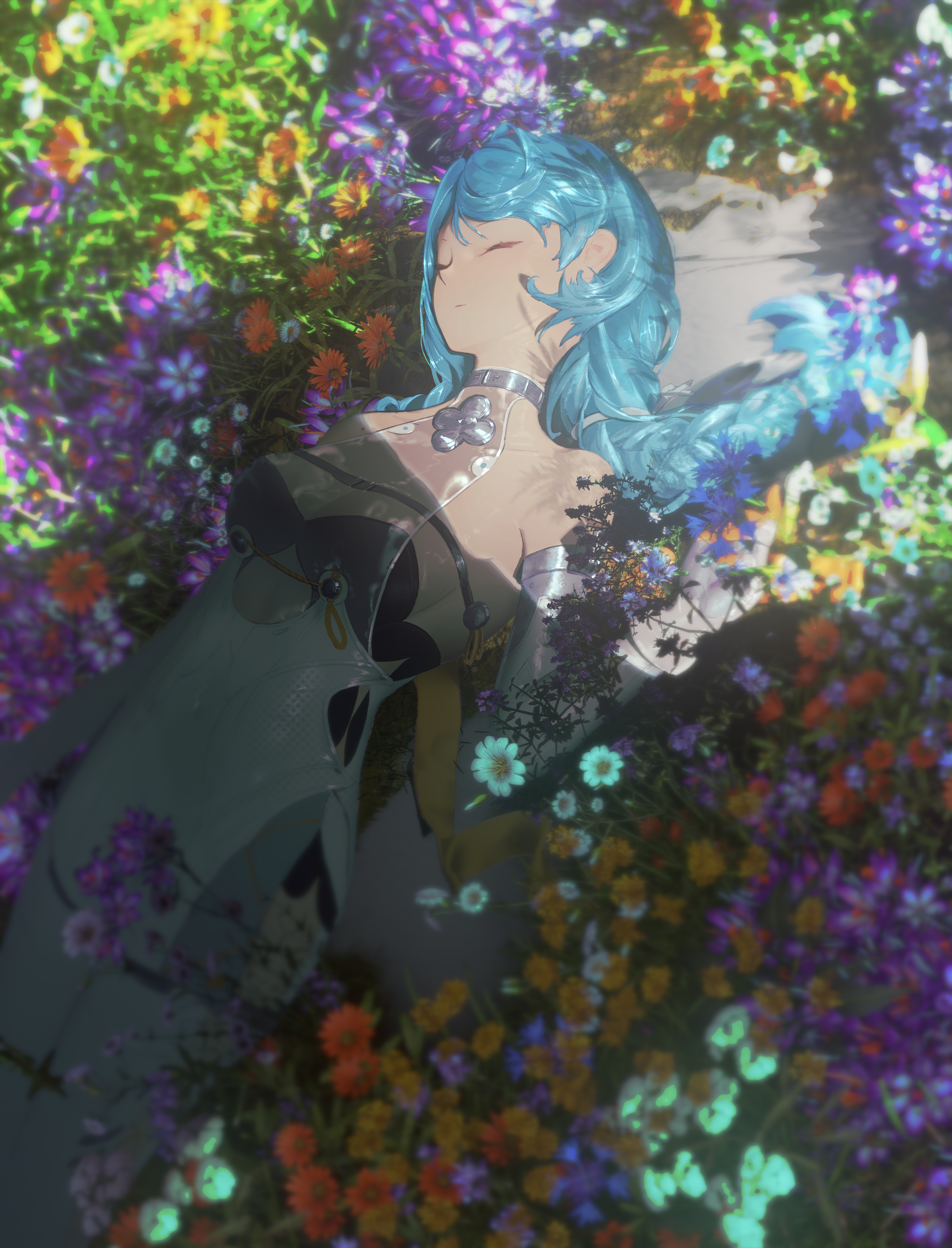 seed (zenless zone zero), zenless zone zero, absurdres, commentary request, highres, 1girl, bare shoulders, blue flower, blue hair, closed eyes, closed mouth, clothing cutout, collar, detached sleeves, field, flower, flower field, formal clothes, gloves, grass, hair ornament, long hair, lying, mole, mole on shoulder, on back, on ground, orange flower, pink flower, ponytail, purple flower, ribbon, see-through dress layer, side cutout, solo, stirrup legwear, suit, taoningtt, thigh cutout, toeless legwear, white flower, white gloves, white sleeves, white suit, yellow flower, yellow ribbon
