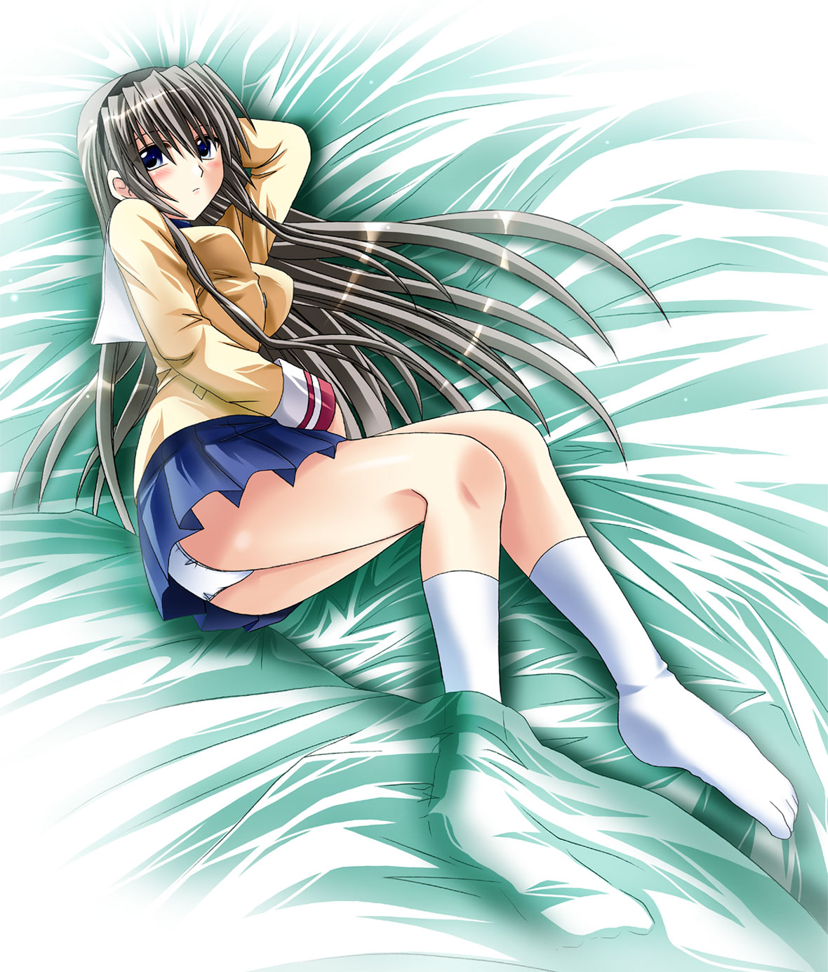 otoki raku, sakagami tomoyo, clannad, highres, 00s, 1girl, bad anatomy, bad feet, blue eyes, female focus, grey hair, long hair, lying, panties, poorly drawn, school uniform, serafuku, socks, solo, underwear