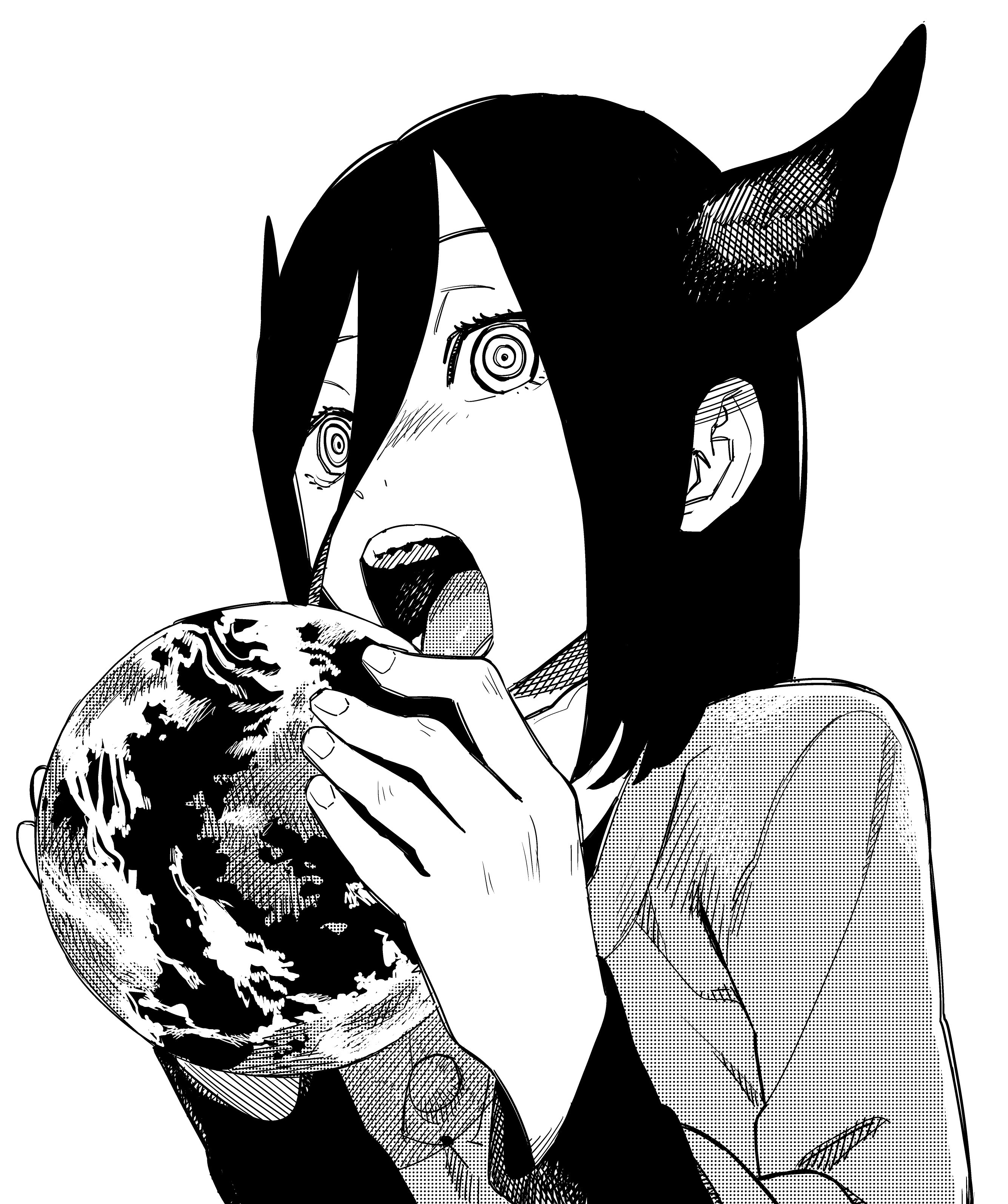 fujimoto tatsuki, nayuta (yogen no nayuta), yogen no nayuta, absurdres, commentary request, highres, official art, 1girl, black hair, buttons, collared shirt, demon girl, demon horns, dress, earth (planet), eyelashes, fingernails, greyscale, hair between eyes, hatching (texture), holding planet, horns, layered sleeves, linear hatching, long bangs, long sleeves, medium hair, monochrome, nostrils, open mouth, planet, ringed eyes, shirt, shirt under dress, simple background, solo, tongue, upper body, white background, wing collar