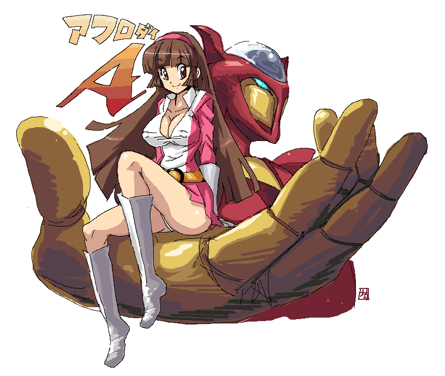 bou (artist), aphrodai a, aphrodite a, yumi sayaka, mazinger (series), mazinger z, toei company, 1girl, boots, breasts, brown eyes, brown hair, cleavage, dress, headband, large breasts, long hair, mecha, oekaki, panties, pantyshot, robot, science fiction, short dress, signature, sitting, smile, super robot, underwear
