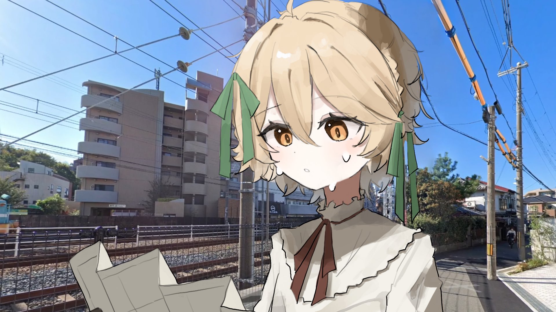 ijou (actorstrangeluv), nurse robot type t, utau, highres, 1girl, blue sky, bow, brown eyes, building, day, dot nose, green bow, hair between eyes, hair bow, holding, holding map, looking at map, map, outdoors, parted lips, photo background, power lines, railroad tracks, short hair, sky, solo, sweat