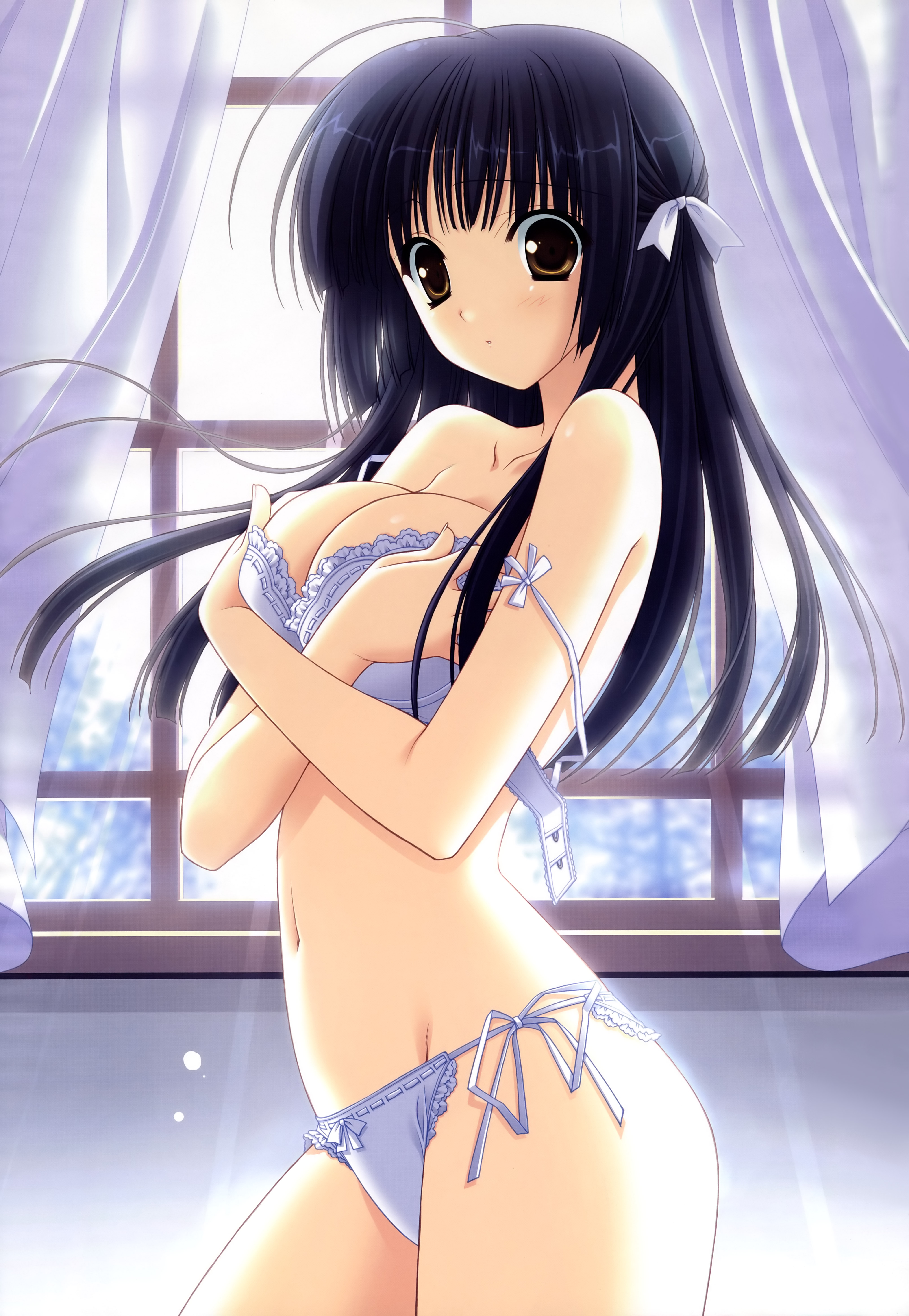 suzuhira hiro, himenomiya kaguya, stellar theater, breast hold, absurdres, highres, 1girl, black hair, bra, breasts, cleavage, female focus, large breasts, lingerie, long hair, navel, panties, side-tie panties, solo, underwear, underwear only, white panties