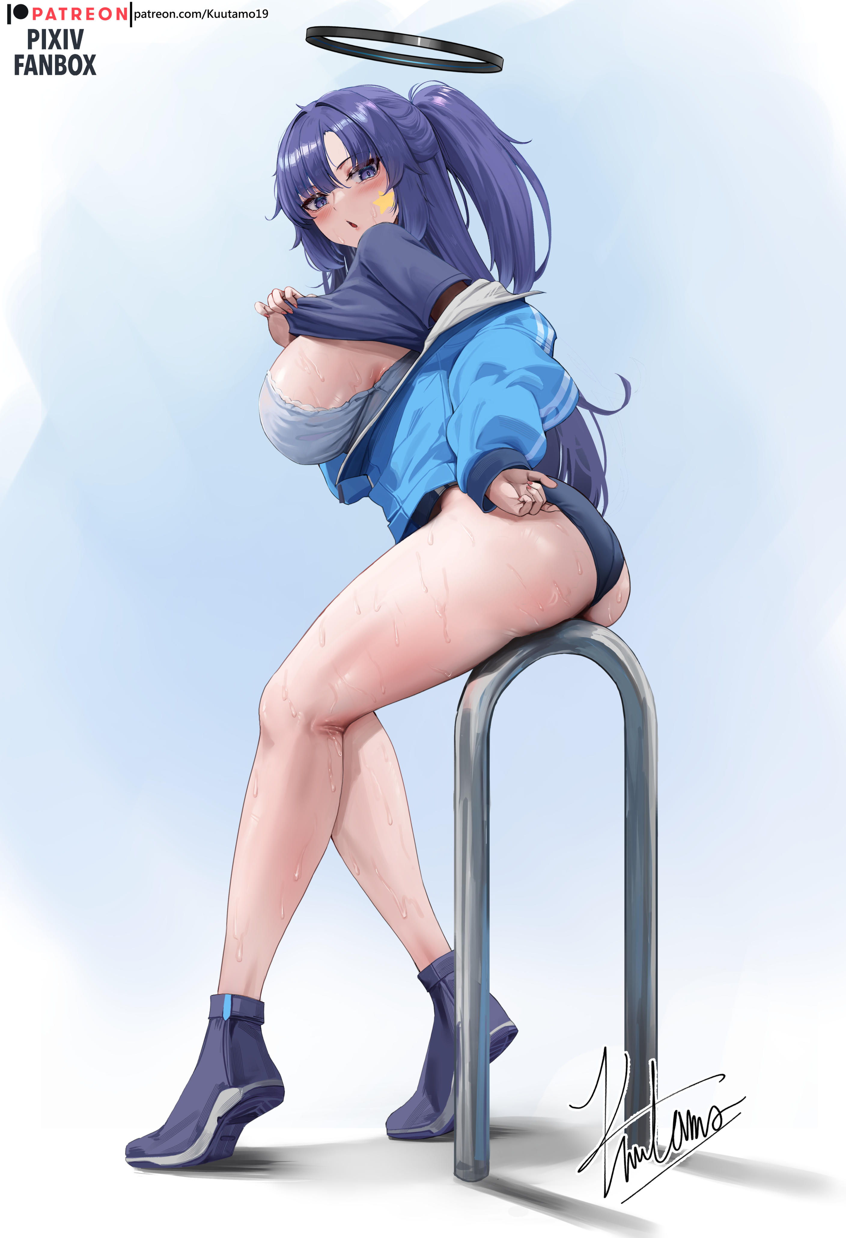 kuutamo, yuuka (blue archive), yuuka (track) (blue archive), blue archive, absurdres, highres, 1girl, ass, black buruma, black halo, black shoes, blue background, blue bra, blue jacket, blue shirt, blush, bra, breasts, buruma, gym shirt, gym uniform, halo, jacket, large breasts, long sleeves, looking at viewer, mechanical halo, official alternate costume, parted lips, purple eyes, purple hair, shirt, shoes, signature, simple background, sitting, solo, star (symbol), star sticker, sticker, sticker on face, sweat, thick thighs, thighs, two side up, underwear