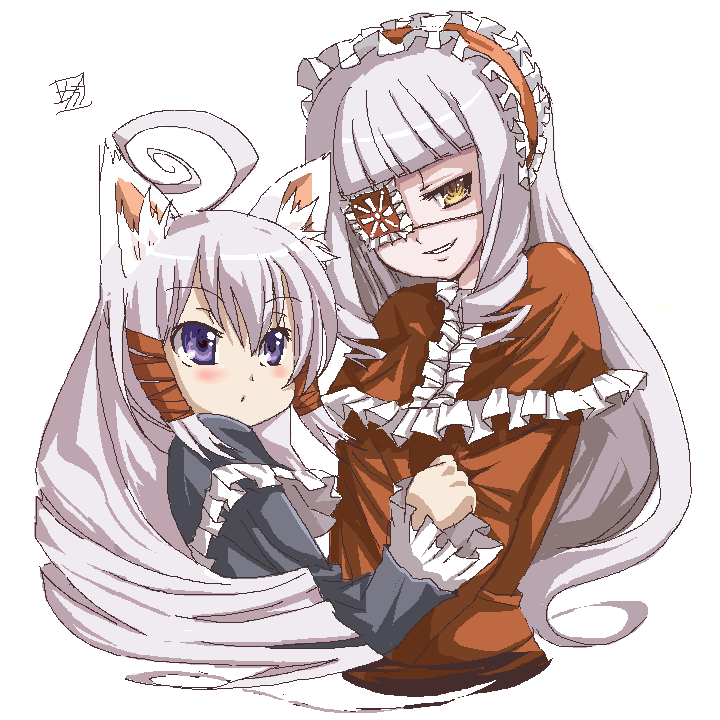 bou (artist), light purple hair, 2girls, ahoge, animal ears, blue eyes, blush, borrowed character, cat ears, cat girl, eyepatch, female focus, frills, headband, multiple girls, o o, white background, yellow eyes