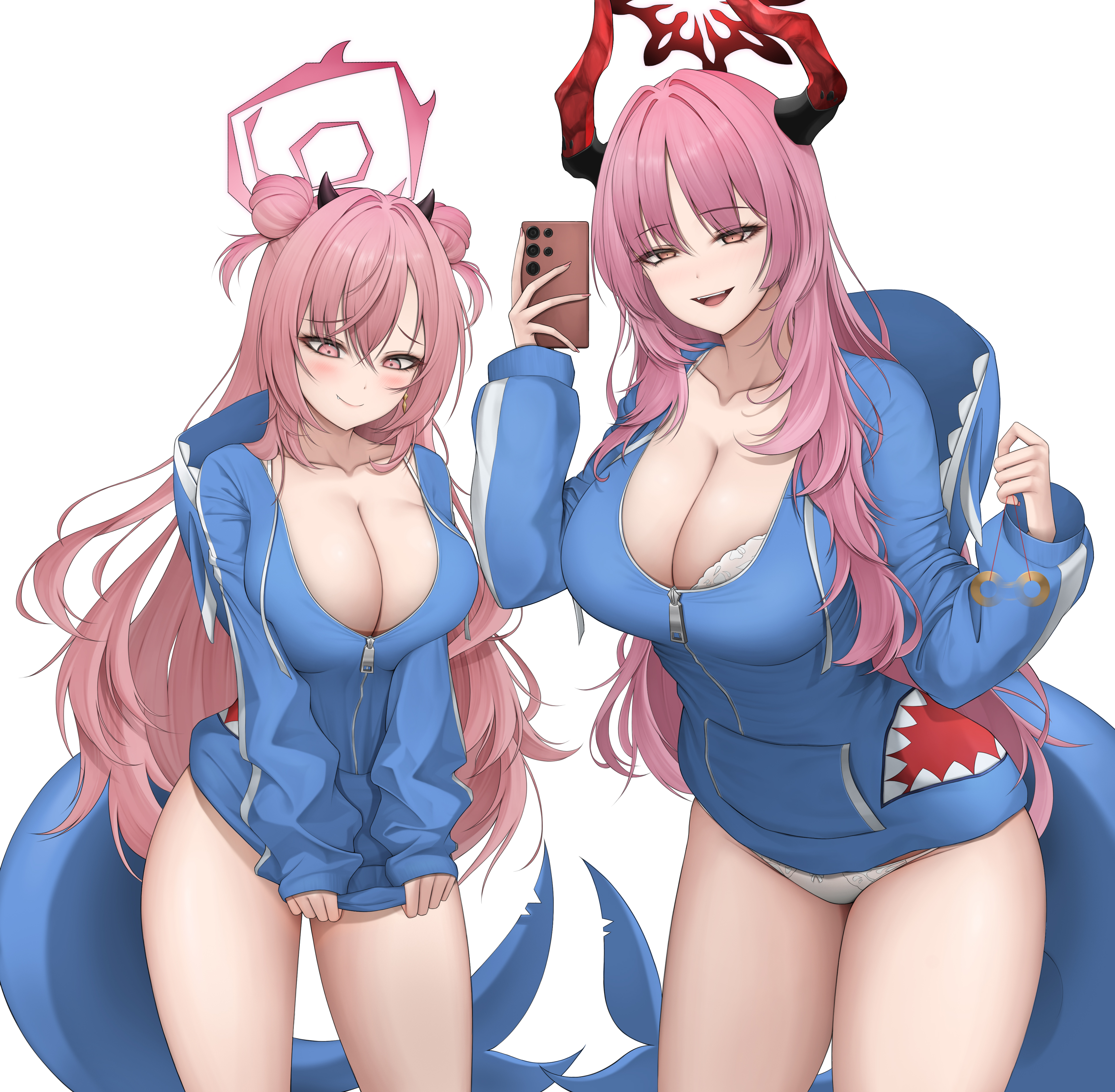 hooni961130, gawr gura, kirara (blue archive), satsuki (blue archive), blue archive, absurdres, highres, 2girls, averting eyes, blue hoodie, blush, bra, breasts, cleavage, closed mouth, cosplay, embarrassed, eyebrows hidden by hair, fins, fish tail, gawr gura (cosplay), halo, holding, holding phone, hood, hoodie, horns, large breasts, long hair, looking at viewer, multiple girls, naughty face, open mouth, panties, phone, pink eyes, pink hair, pink halo, shark tail, simple background, smile, tail, teeth, underwear, upper teeth only, very long hair, white background, white bra, white panties