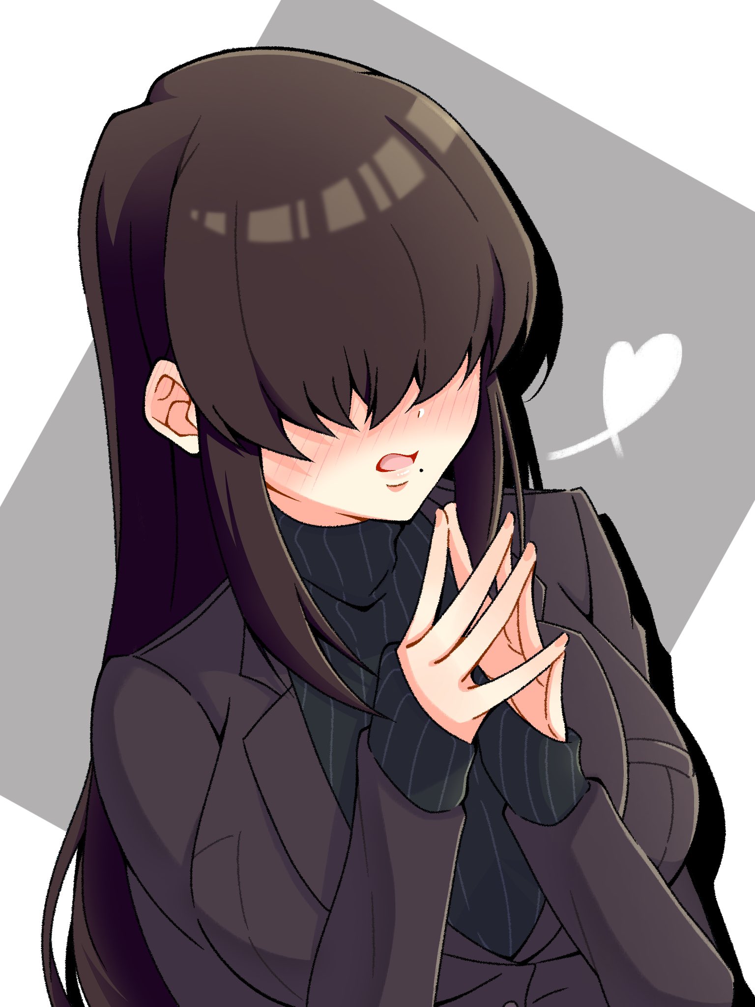 kakure meme, kimi no koto ga dai dai dai dai daisuki na 100-nin no kanojo, hashtag-only commentary, highres, 1girl, black hair, blush, breasts, hair over eyes, heart, jacket, lapels, large breasts, long hair, mole, mole under mouth, open mouth, own hands together, pack hobby, ribbed sweater, sleeves past wrists, solo, sweater, turtleneck, turtleneck sweater, upper body