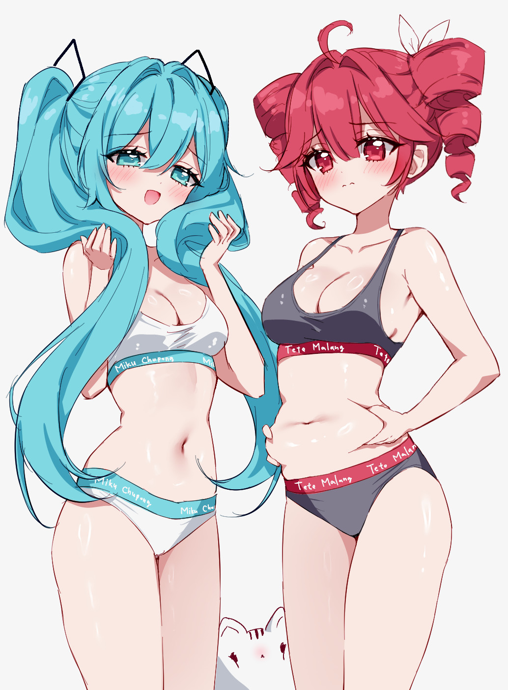 tandohark, hatsune miku, kasane teto, utau, vocaloid, commentary request, highres, 2girls, :d, ahoge, animal, bare arms, bare shoulders, belly grab, black bra, black panties, blue eyes, blue hair, blush, bra, breasts, cat, character name, cleavage, closed mouth, clothes writing, collarbone, drill hair, grey background, hair between eyes, hair intakes, hair ribbon, hands up, holding, holding own hair, looking at viewer, medium breasts, multiple girls, navel, open mouth, panties, plump, red eyes, red hair, ribbon, simple background, smile, twin drills, twintails, underwear, underwear only, white bra, white cat, white panties, white ribbon