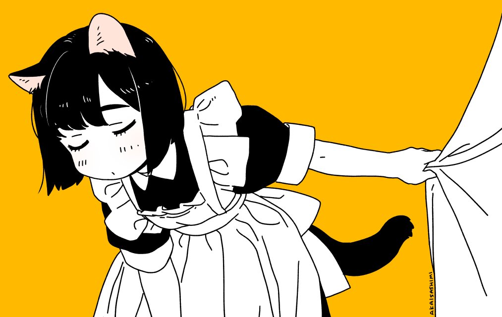 akai sashimi, original, 1girl, animal ears, apron, artist name, black dress, blush, cat ears, cat girl, cat tail, closed eyes, closed mouth, dress, frilled apron, frills, maid, maid apron, orange background, puffy short sleeves, puffy sleeves, short hair, short sleeves, simple background, solo, tail, yellow background