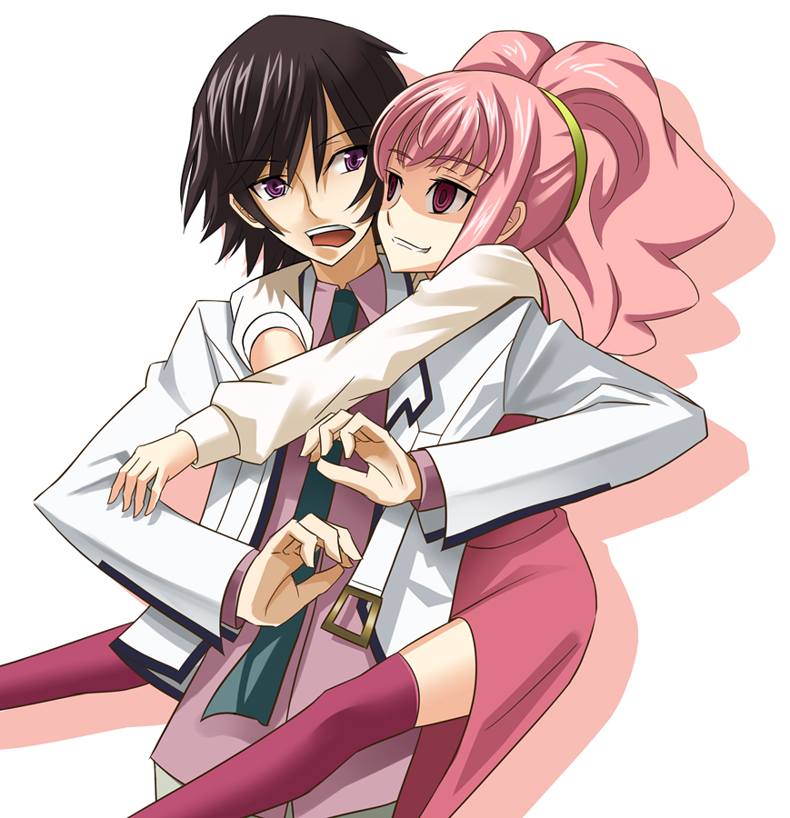 gogochi, anya alstreim, lelouch vi britannia, marianne vi britannia, code geass, spoilers, 00s, 1boy, 1girl, couple, empty eyes, formal clothes, grin, hetero, hug, hug from behind, piggyback, pink hair, purple eyes, smile, suit, surprised, thighhighs, yandere