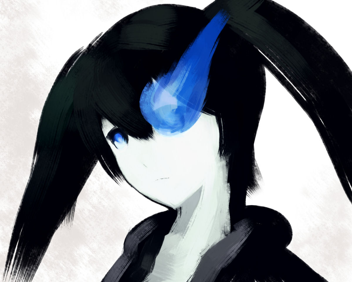 hako (pixiv448374), naji yanagida, black rock shooter (character), black rock shooter, vocaloid, bad id, bad pixiv id, 10s, 1girl, black hair, blue eyes, female focus, long hair, monochrome, solo, spot color, twintails