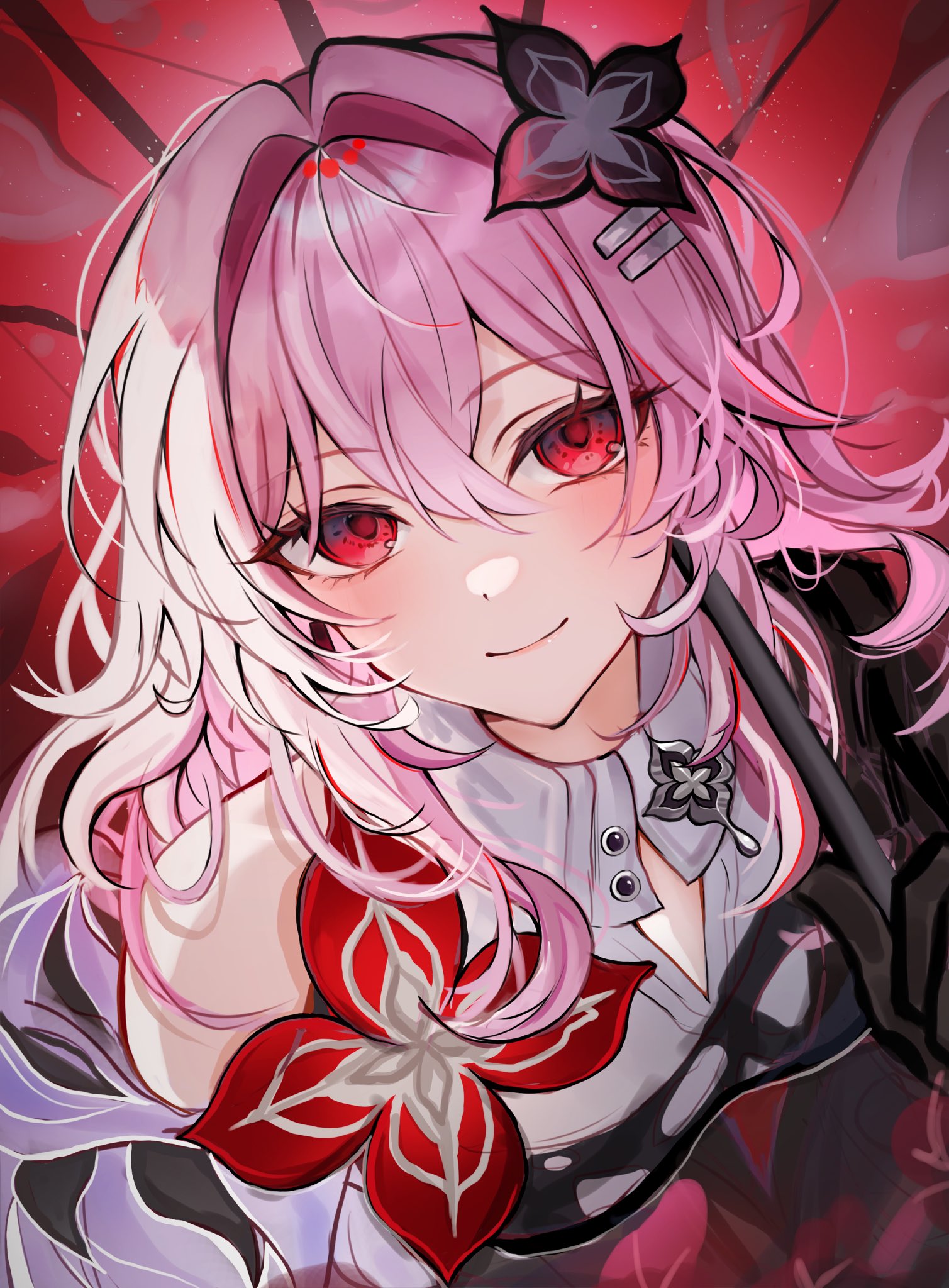 hisui (xztw), evernight (honkai: star rail), march 7th (honkai: star rail), honkai: star rail, honkai (series), highres, 1girl, black gloves, buttons, flower, gloves, hair between eyes, hair flower, hair intakes, hair ornament, hairclip, layered sleeves, looking at viewer, parallel hairclips, pink hair, red eyes, red flower, single bare shoulder, smile, umbrella