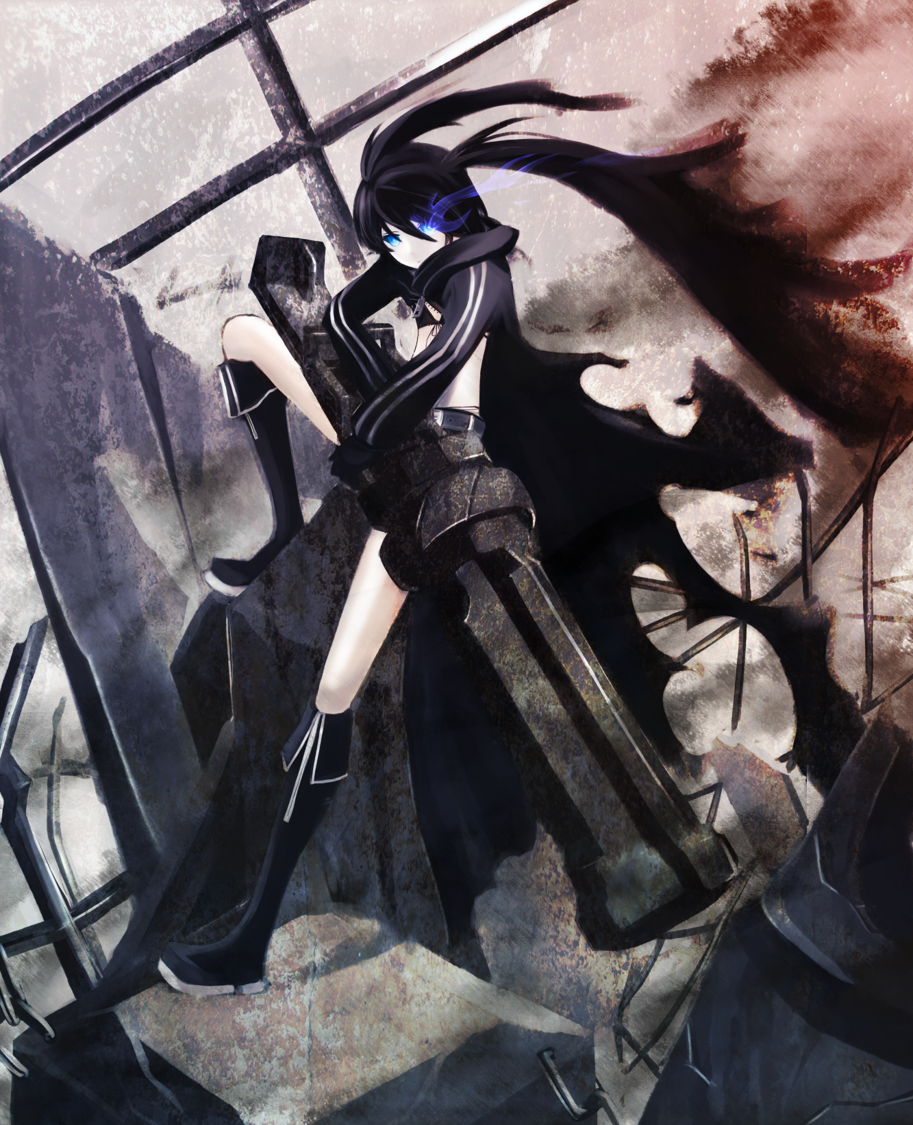 hako (pixiv448374), naji yanagida, black rock shooter (character), black rock shooter, vocaloid, bad id, bad pixiv id, highres, 10s, arm cannon, belt, bikini, bikini top only, black hair, blue eyes, boots, cape, flat chest, gun, long hair, midriff, navel, shorts, swimsuit, twintails, weapon