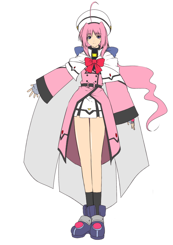 hagane soushi, caro ru lushe, kerykeion (nanoha), lyrical nanoha, mahou shoujo lyrical nanoha, mahou shoujo lyrical nanoha strikers, 00s, adapted costume, aged up, blue eyes, bow, fingerless gloves, flat color, gloves, hat, long hair, pink hair, solo