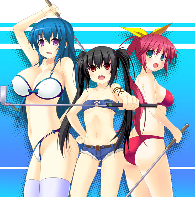 hana, kyoku tou, arin (pangya), hana (pangya), kooh (pangya), pangya, 3girls, ass, bikini, black hair, blue hair, breasts, denim, denim shorts, flat chest, golf club, large breasts, multiple girls, pink hair, ponytail, shorts, swimsuit, thighhighs, twintails
