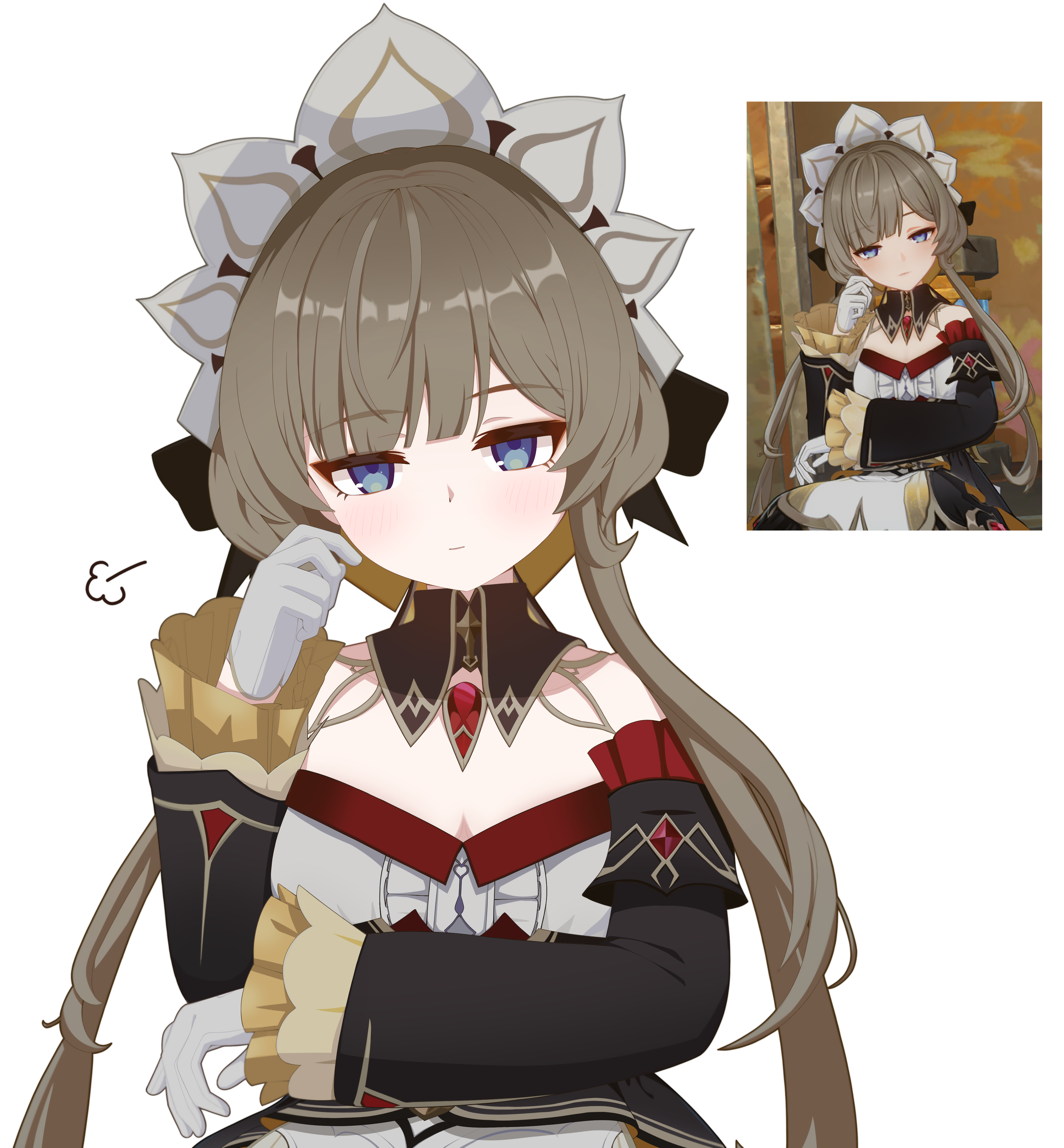 sprout (haji s), sandrone (genshin impact), genshin impact, absurdres, commentary request, highres, korean commentary, reference request, 1girl, bare shoulders, black skirt, black sleeves, blue eyes, breasts, brown hair, center frills, closed mouth, collared shirt, detached sleeves, frills, game screenshot inset, gloves, long hair, long sleeves, looking at viewer, medium breasts, shirt, simple background, skirt, very long hair, white background, white gloves, white shirt