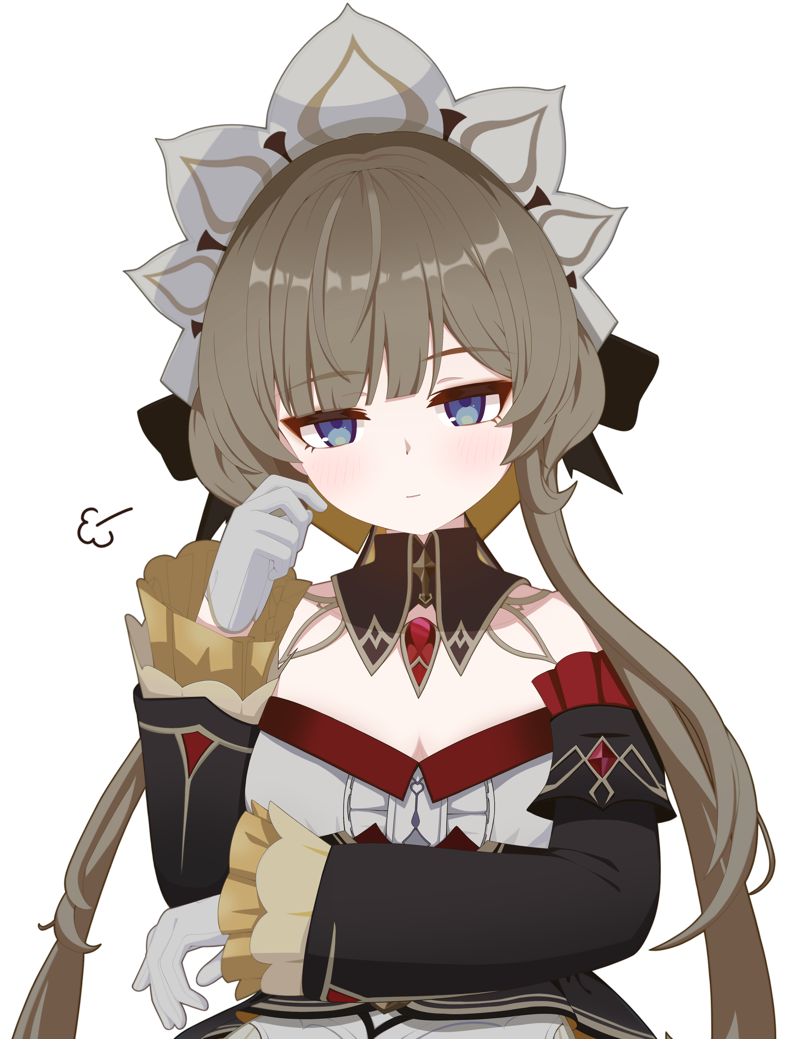 sprout (haji s), sandrone (genshin impact), genshin impact, absurdres, highres, 1girl, bare shoulders, black skirt, black sleeves, blue eyes, breasts, brown hair, center frills, closed mouth, collared shirt, detached sleeves, frills, gloves, long hair, long sleeves, looking at viewer, medium breasts, shirt, simple background, skirt, solo, very long hair, white background, white gloves, white shirt