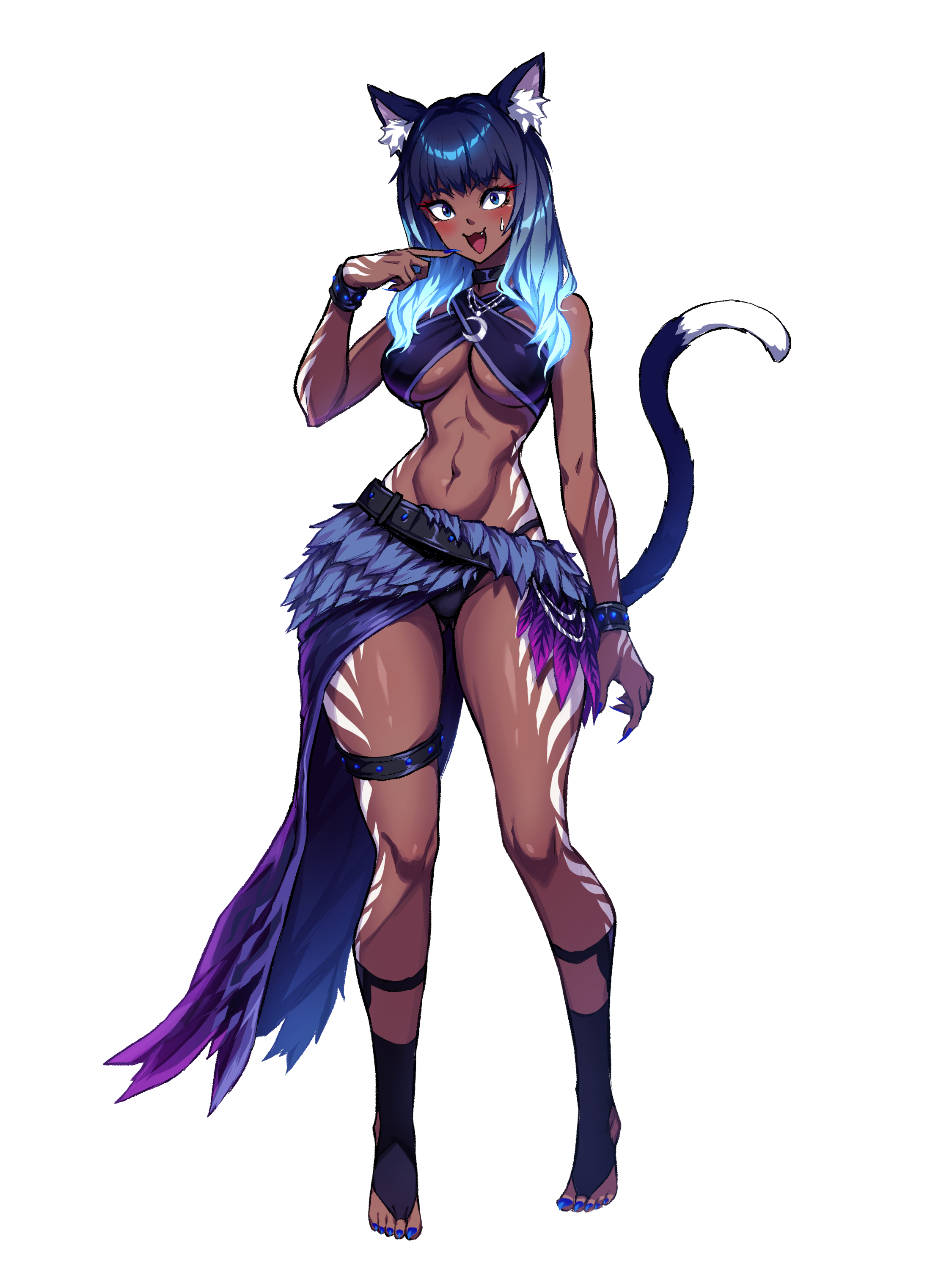 samael (5211), original, toeless socks, absurdres, commission, highres, skeb commission, variant set, 1girl, animal ear fluff, animal ears, black panties, blue eyes, blue hair, blush, bracelet, breasts, cat ears, cat girl, cat tail, cleavage, dark-skinned female, dark skin, eyebrows hidden by hair, fang, fingernails, full body, glowing, glowing hair, jewelry, large breasts, looking at viewer, medium hair, navel, open mouth, panties, sharp fingernails, simple background, solo, stomach, surprised, sweatdrop, tail, tattoo, thigh strap, underboob, underwear, white background