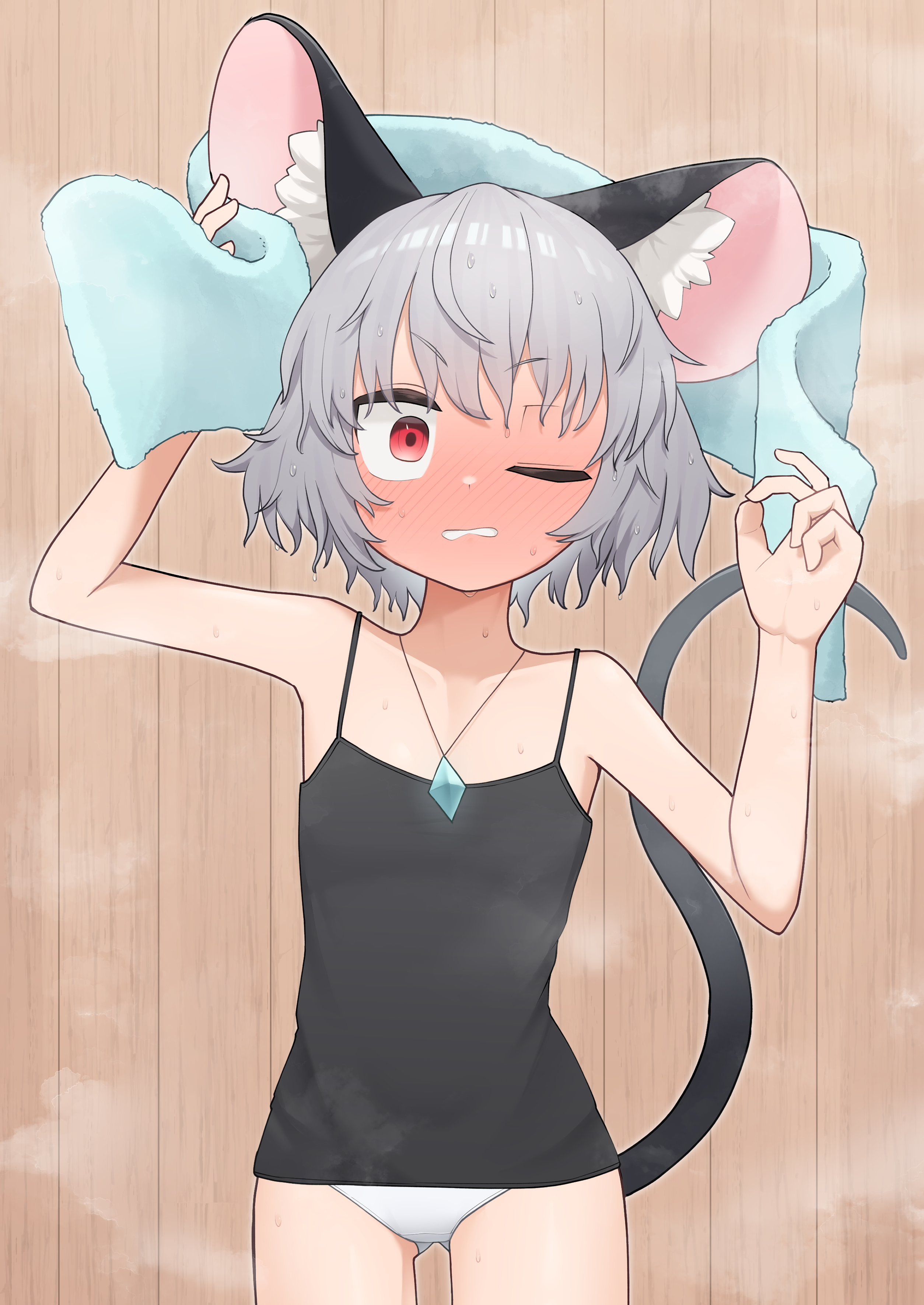 asakura haru, nazrin, touhou, absurdres, commentary request, highres, 1girl, animal ear fluff, animal ears, black camisole, blush, camisole, collarbone, constricted pupils, cowboy shot, drying, drying hair, flat chest, full-face blush, grey hair, jewelry, looking at viewer, mouse ears, mouse girl, mouse tail, one eye closed, panties, parted lips, pendant, red eyes, short hair, solo, tail, towel, underwear, white panties