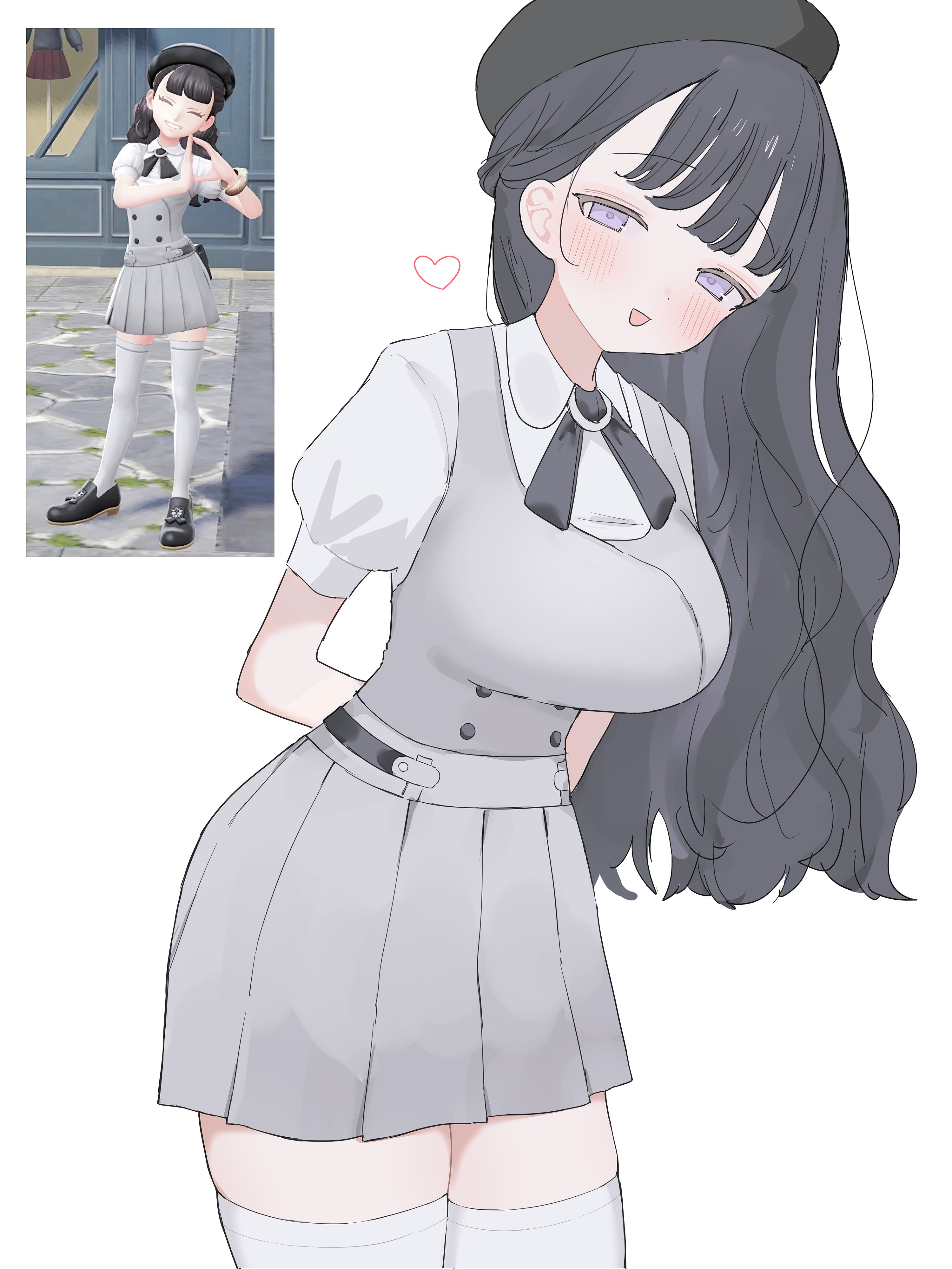 harmony (pokemon), nintendo, pokemon, pokemon legends: z-a, absurdres, commentary request, highres, 1girl, :d, alternate breast size (larger), arms behind back, beret, black hair, black hat, black ribbon, blush, breasts, collared shirt, cowboy shot, game screenshot inset, grey skirt, grey vest, hat, heart, impossible clothes, impossible vest, large breasts, long hair, looking at viewer, lululuro, miniskirt, neck ribbon, open mouth, pleated skirt, purple eyes, ribbon, rounded collar, shirt, simple background, skirt, skirt set, smile, solo, thighhighs, very long hair, vest, white background, white shirt, white thighhighs