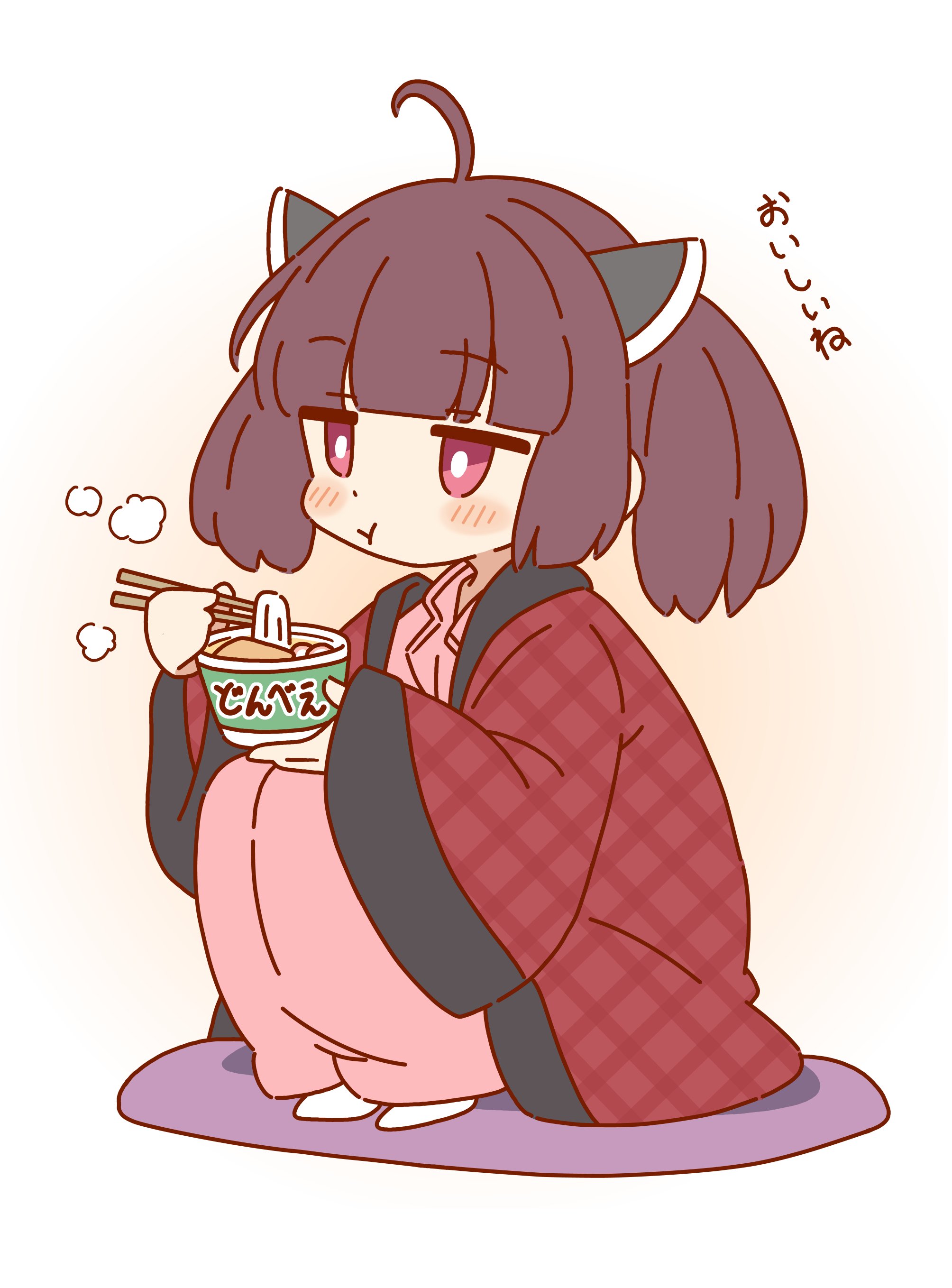 zungurimukkuri tarou, touhoku kiritan, voiceroid, absurdres, commentary request, highres, translated, 1girl, :t, ahoge, blunt bangs, blush, bright pupils, brown hair, closed mouth, dot nose, full body, headgear, japanese clothes, jitome, kimono, long sleeves, medium hair, nissin donbei, purple eyes, red kimono, socks, solo, squatting, twintails, white pupils, white socks, wide sleeves