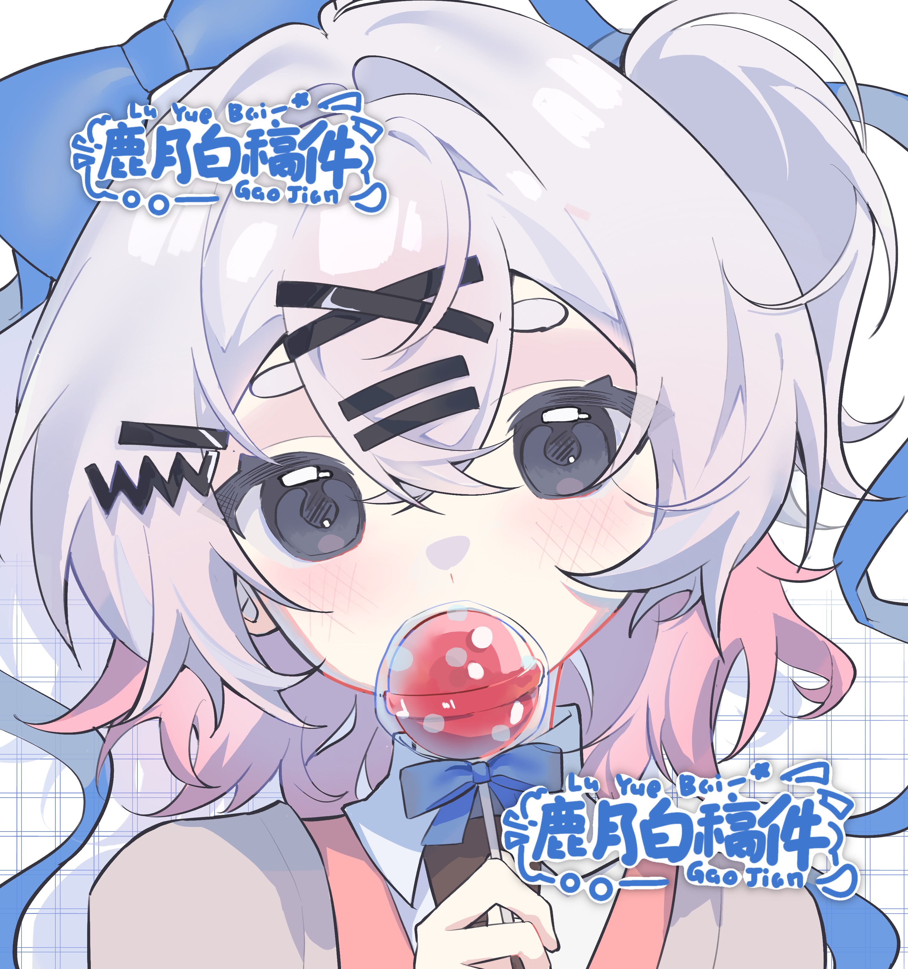 original, absurdres, bad id, bad mihuashi id, highres, 1girl, artist name, black eyes, blue bow, blue bowtie, blush, bow, bowtie, candy, crossed bangs, double-parted bangs, food, grey hair, hair between eyes, hair bow, hair intakes, hair ornament, holding, holding candy, holding food, holding lollipop, lollipop, looking at viewer, lu yue bai, multicolored hair, portrait, red hair, short hair, solo, thick eyebrows, two-tone hair, white background, wing collar, x hair ornament
