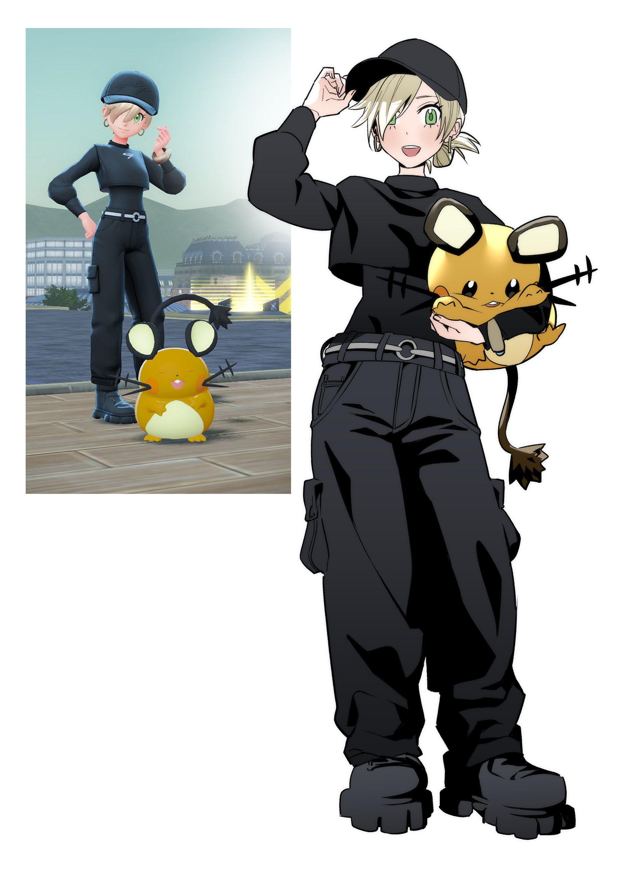 hei taiyou, nintendo, pokemon, pokemon legends: z-a, absurdres, highres, 1boy, blonde hair, green eyes, hair over one eye, hat, male focus, multiple boys, open mouth, pants, pokemon (creature), smile